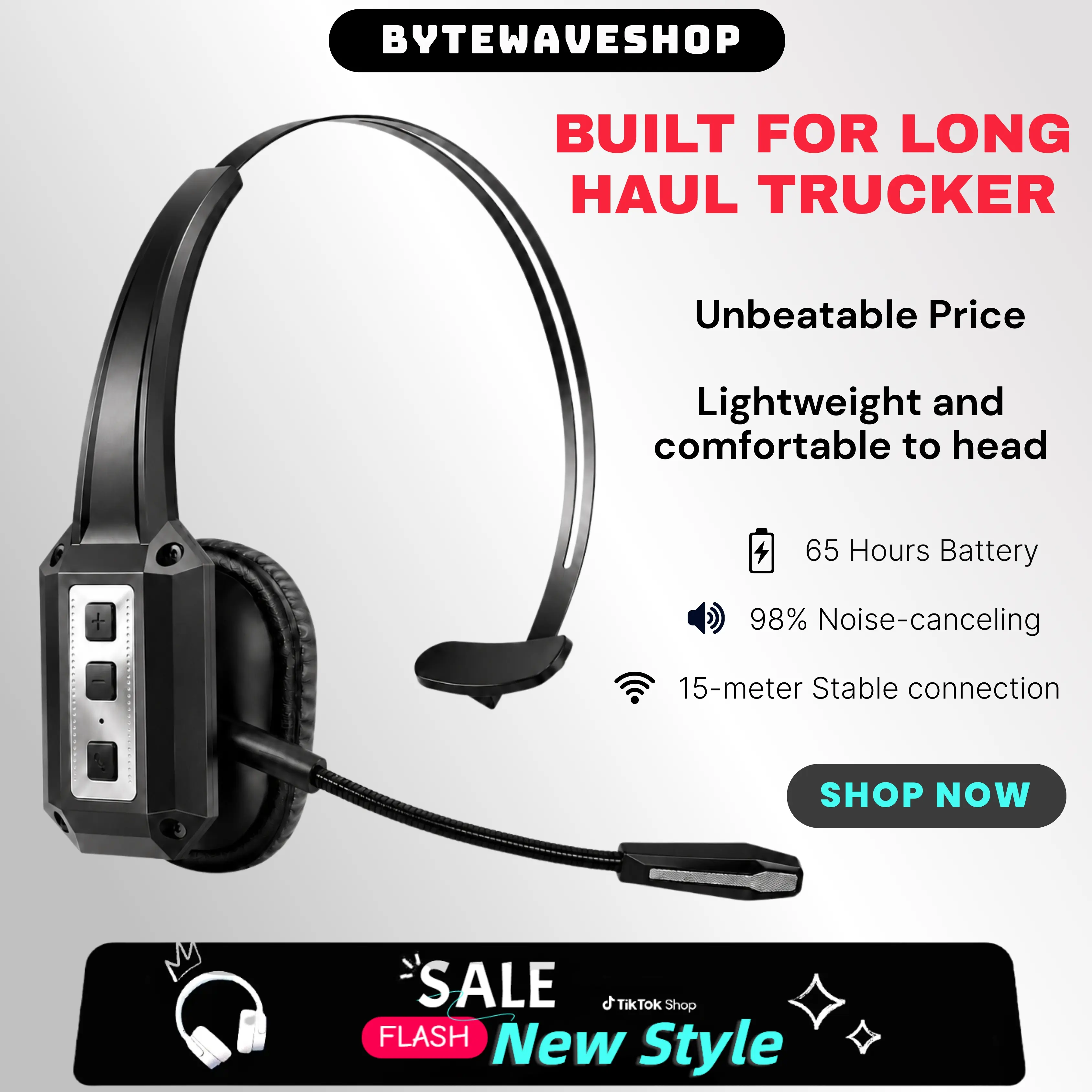 Bytewaveshop Trucker Headset V6.0 with ENC Noise Cancelling Mic, Wireless Single-Ear Headset with Mute Button, 40H Call Time, 60H Music Time, Type-C Charging, 15M Stable Connection for Truck Drivers, Office & PC