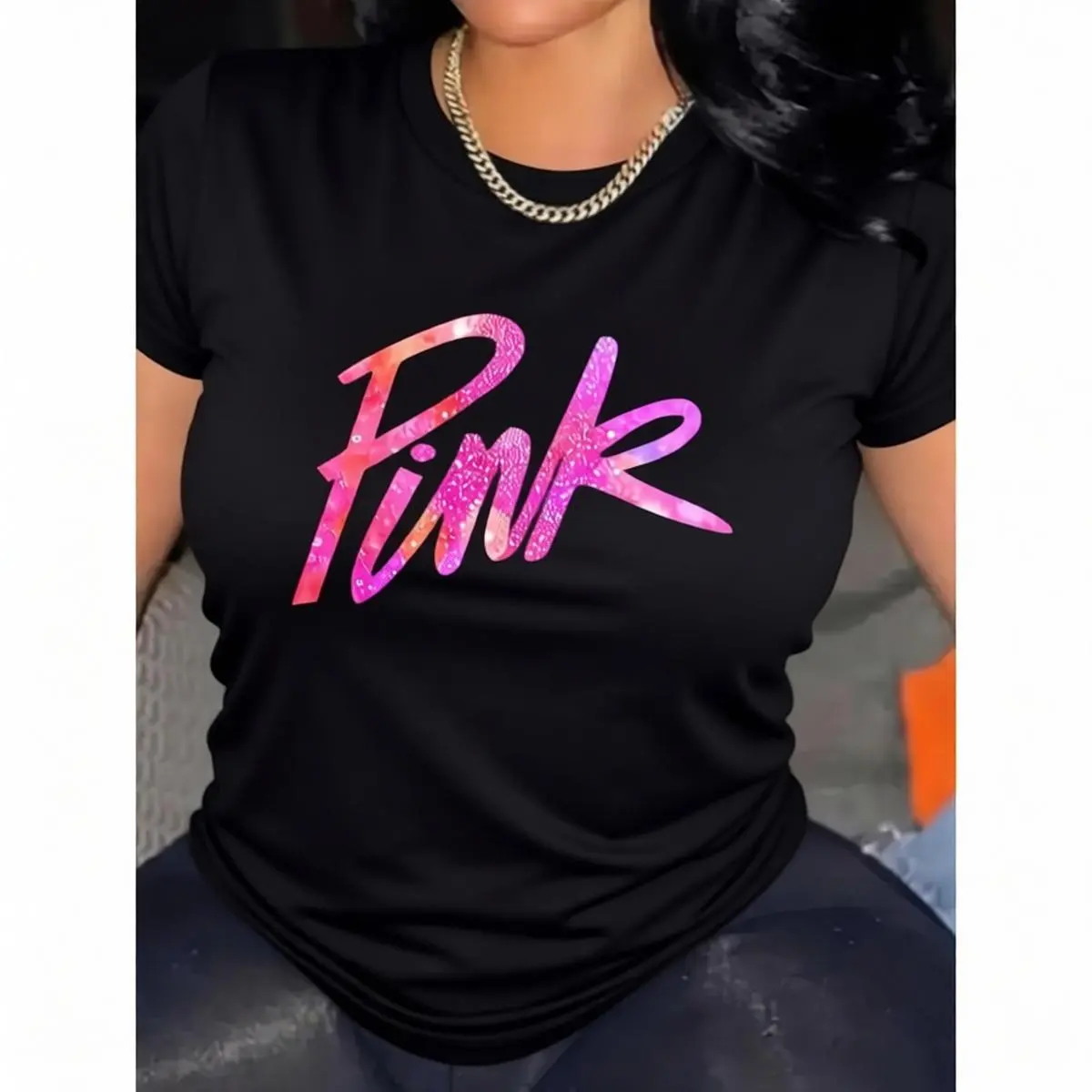 Women's Cotton Crewneck Short Sleeve Basic Tee - Comfy Vibrant Pink Letter Print, Allseason Comfortable Fit for Casual Attire, Women's Clothes Blouse, Graphic Tees Women