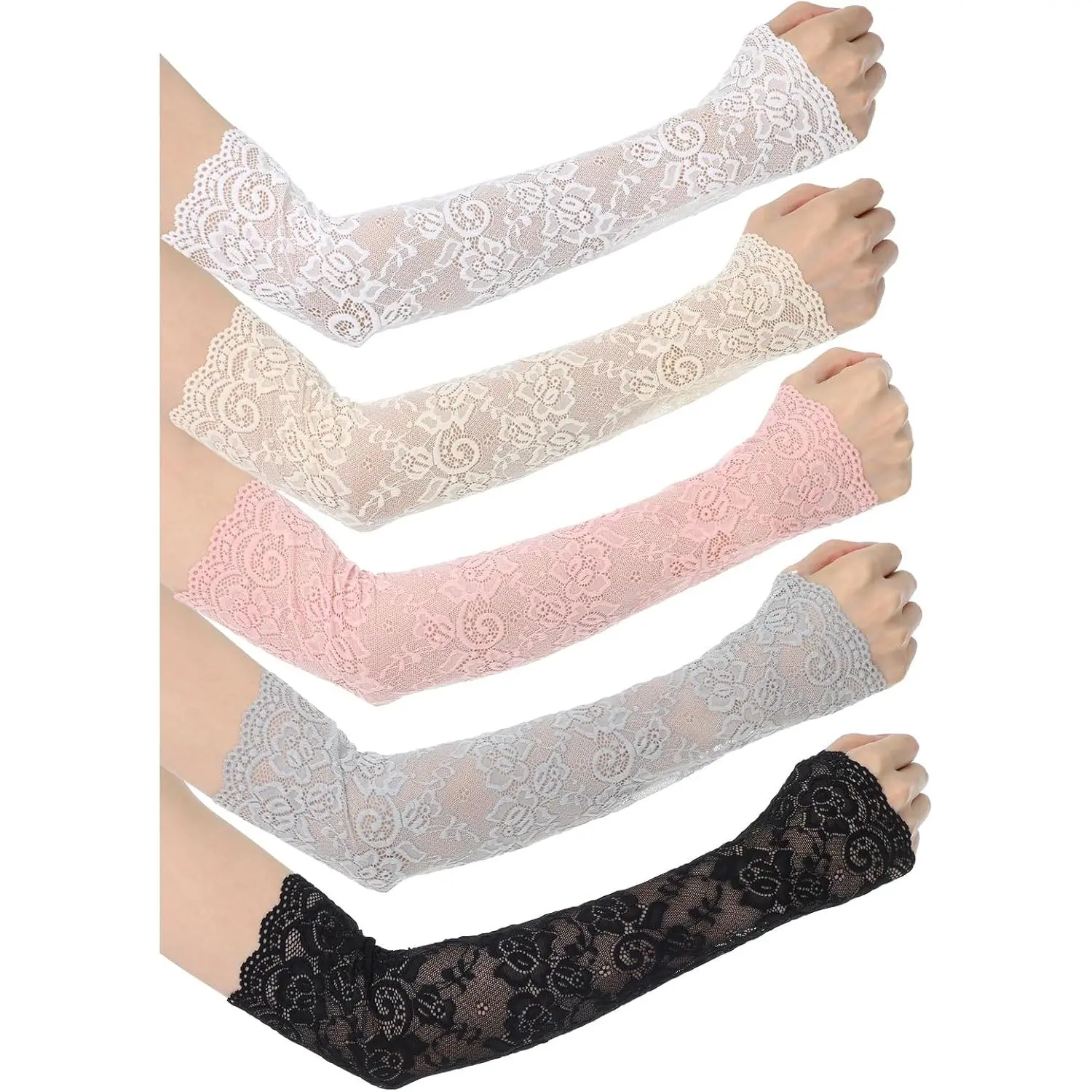 5 Pairs Women Lace Arm Sleeves Fingerless Arm Sleeve Floral Hollow Arms Cover Warmer Elbow Length Lace Sleeves to Cover Arms Women