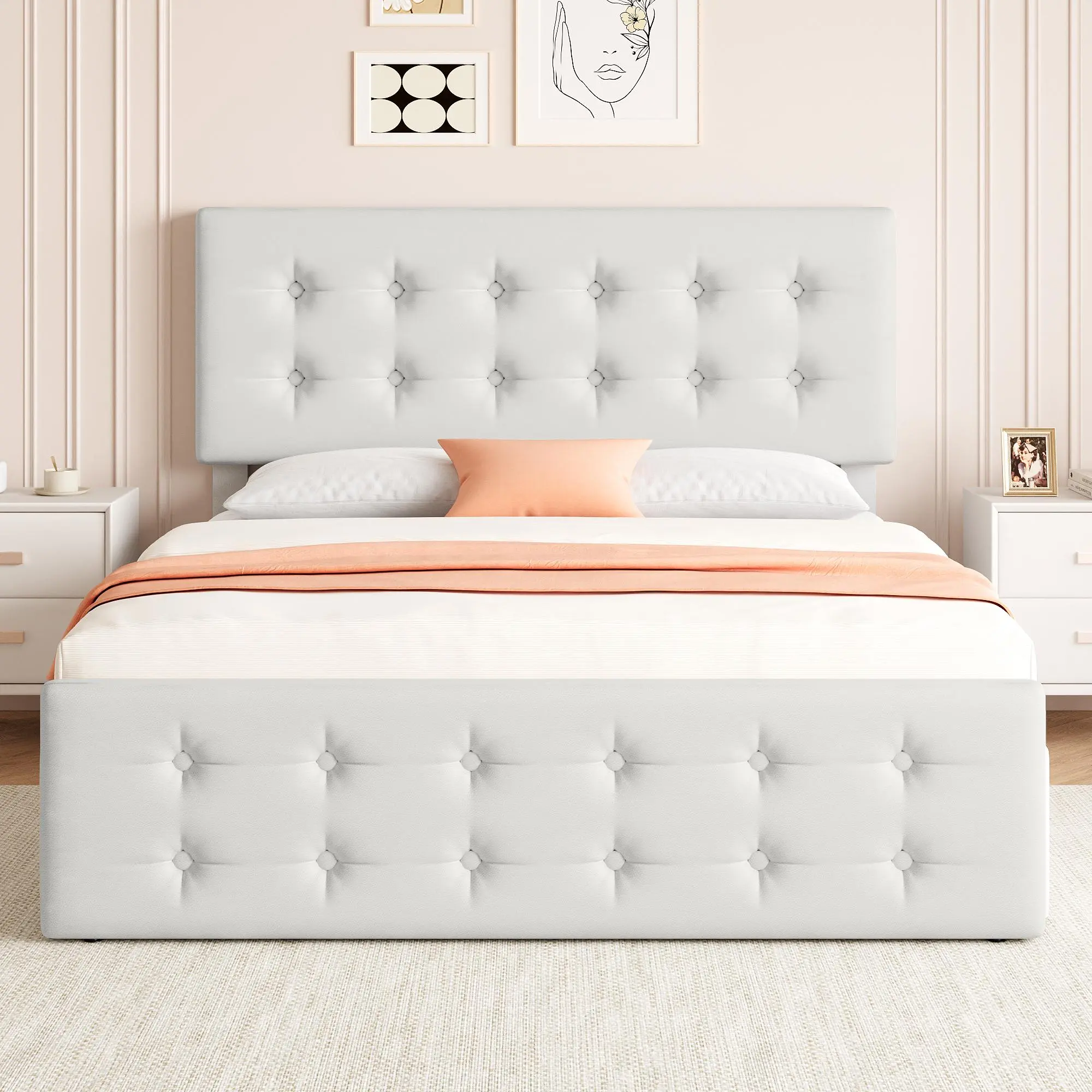 Upholstered Queen Bed Frame with 4 Storage Drawers, Modern Button Tufted Platform Bed with Adjustable Headboard, Heavy Duty Metal Slats Support No Box Spring Needed Noise-Free Velvet Linen Bed Base Grey White