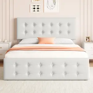 Upholstered Queen Bed Frame with 4 Storage Drawers, Modern Button Tufted Platform Bed with Adjustable Headboard, Heavy Duty Metal Slats Support No Box Spring Needed Noise-Free Velvet Linen Bed Base Grey White