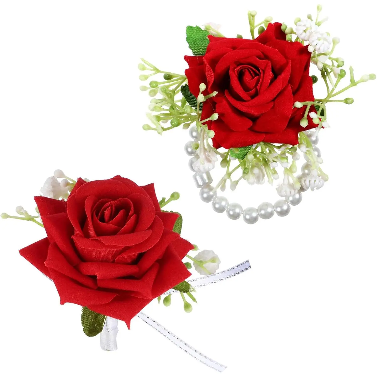 Royal Red Classic 2-Piece Wrist Corsage & Boutonniere Set - Nylon & ABS Flowers with Pearl Accent, Rose-Infused, All Seasons, Realism & Durability, for Wedding/Prom Partners (Corsage 10x9cm, Boutonniere 9x7.5cm)