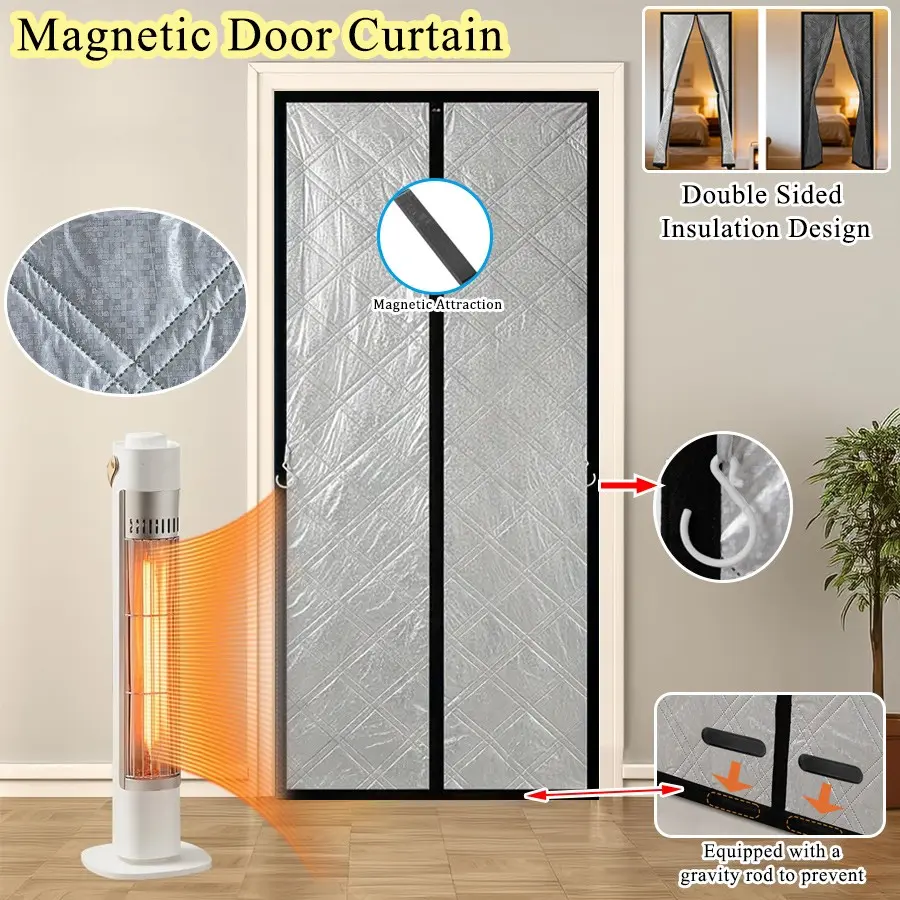 Magnetic Door Curtain with Hooks, Winter Insulating Windproof Door Cover, Easy Installation, Gravity Rod Bottom, Bedroom Living Room Balcony Entrance Door Curtains