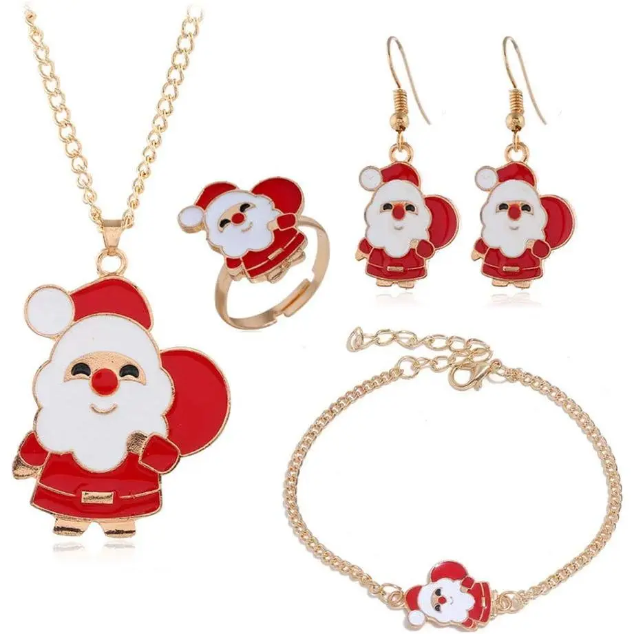 Christmas Earrings necklace Set Cute Santa Claus Tree small   Snowman rings bracelet set for Women Thanksgiving Xmas Holiday  4 count
