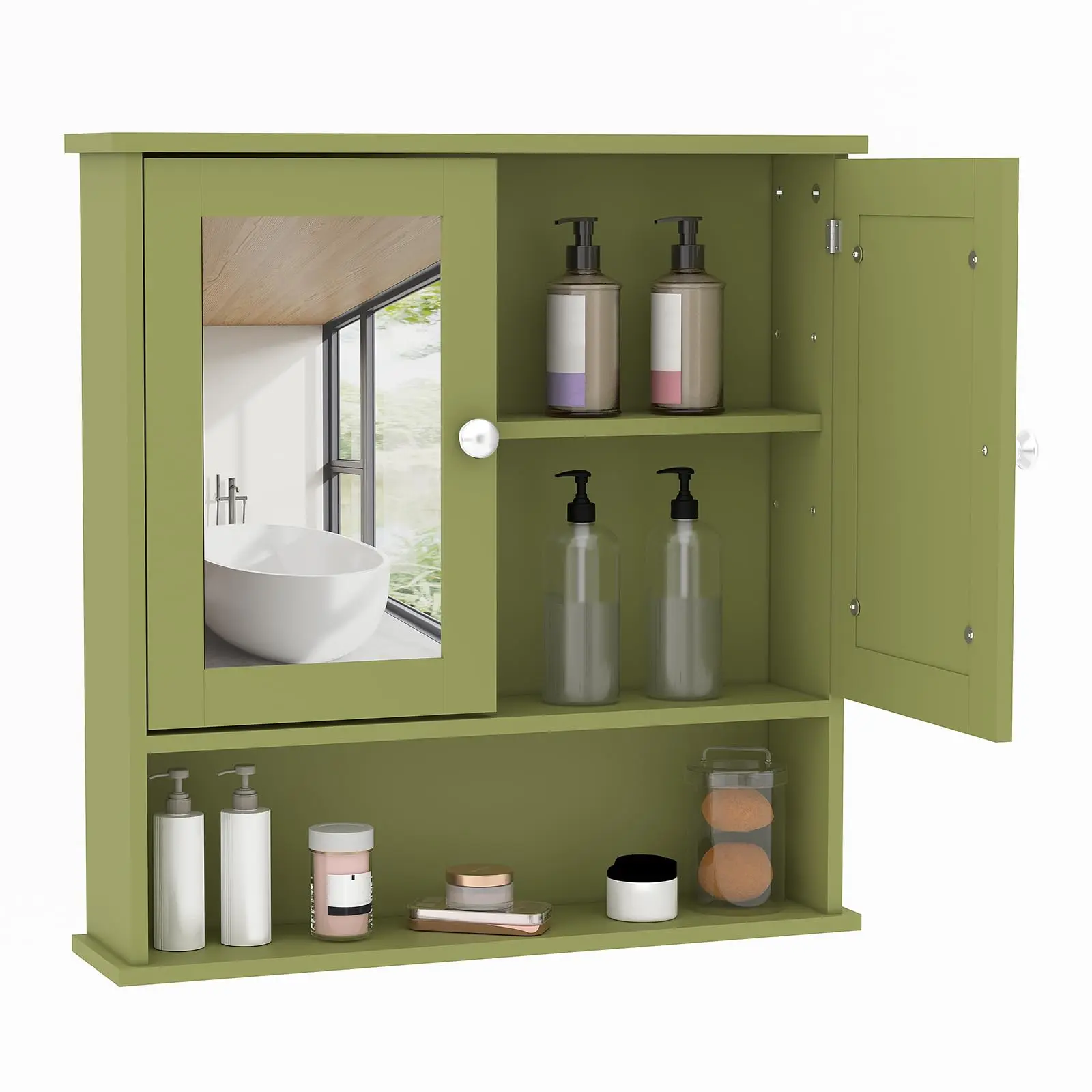Bathroom Wall Cabinet with Mirrored Doors – Slim Medicine Cabinet with Adjustable Shelf – 2.2x23x5.1 Inch Compact Wall Cabinet for Bathroom, Kitchen, Laundry Room, Entryway, Green/White/Oak