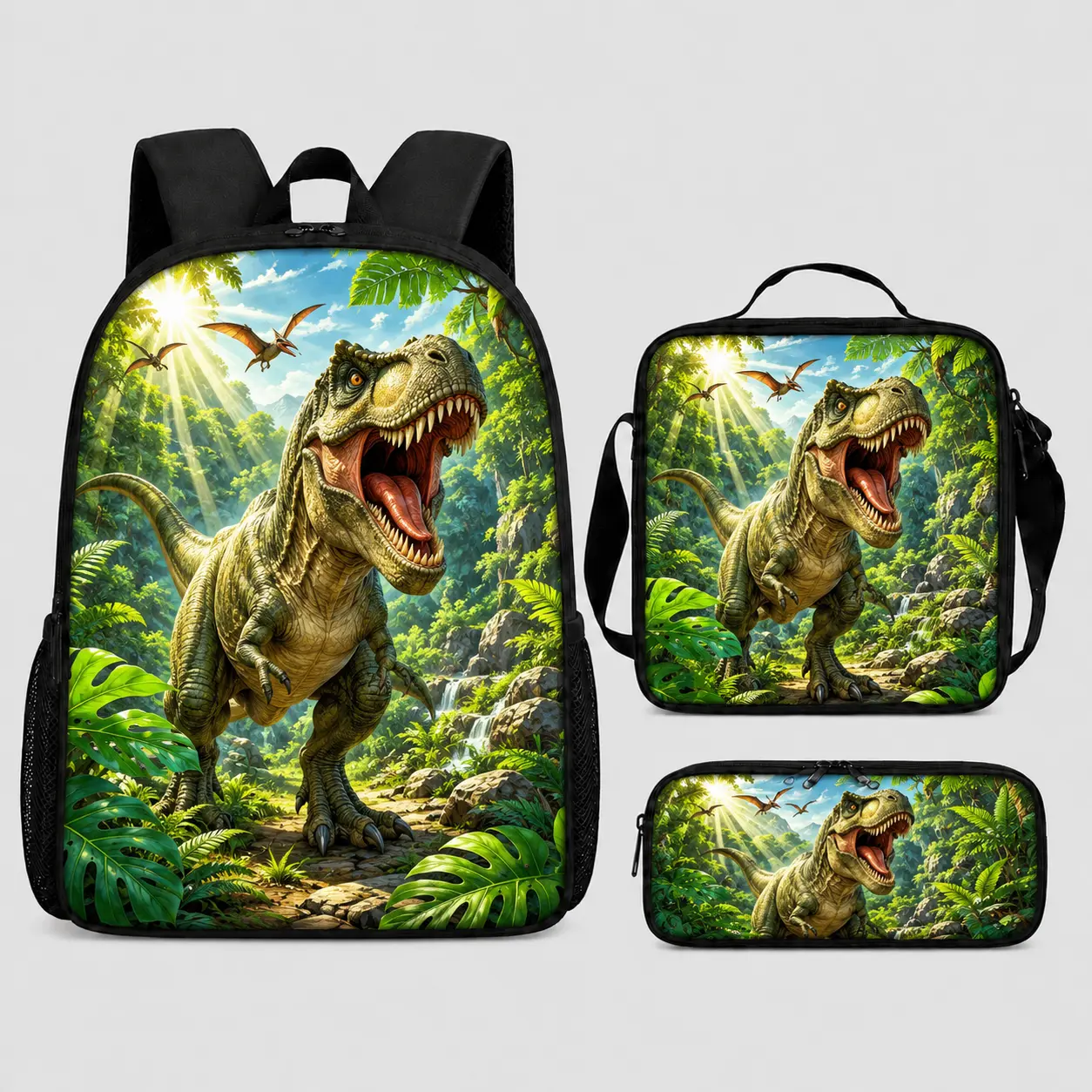Dinosaur Boys and Girls Backpack Set, 3-Piece School Backpack with Lunch Bag and Pencil Box, Tyrannosaurus Rex Jungle Printed Sports Bag, Children's Primary and Secondary School Travel Day Bag, Back to School Supplies, Large Capacity Bag with Side Bag,