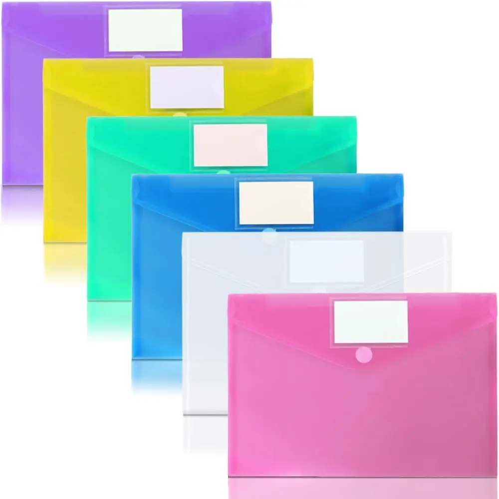 6 Pack Plastic Poly Filing Envelopes, Clear Document Folders  Letter A4 Size File Envelopes with Label Pocket & Paste Button for School  Work Office Organization, 6  Color