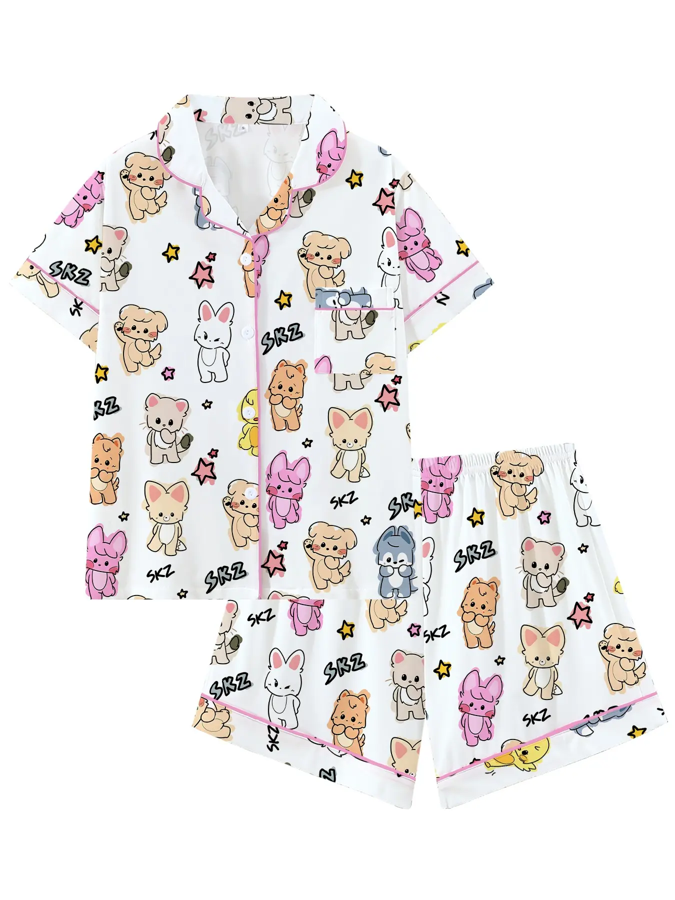 Women's Cute Animal Idol Korean Style Cartoon Print Pajamas, Short Sleeve Open Front Two-Piece Set, Loose-Fit Home Wear