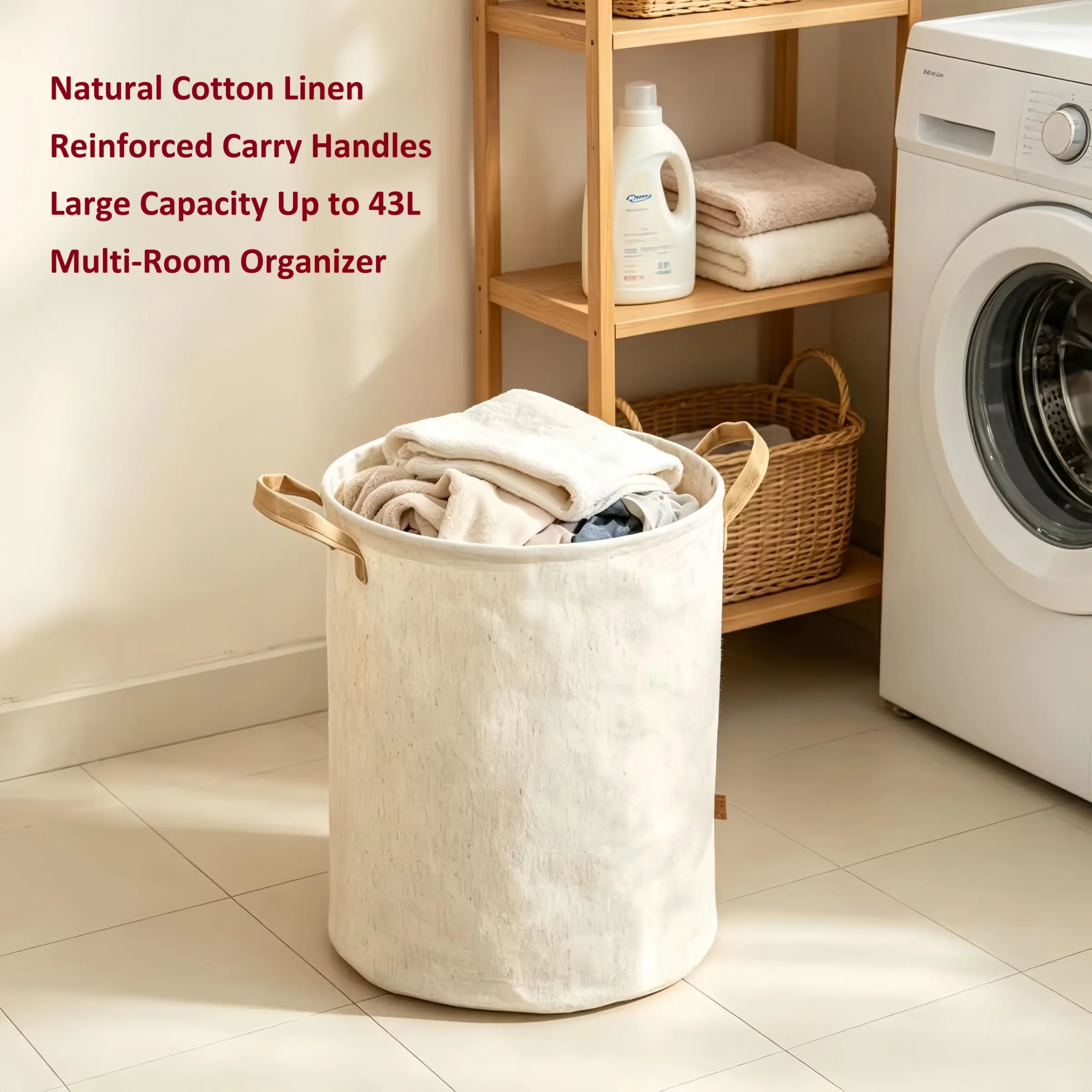 Natural Cotton Linen Foldable Laundry Basket, Large 43L Storage Hamper with Reinforced Carry Handles, Multi-Purpose Organizer Bin, Boho Minimalist Farmhouse Decor, Natural Cream for Laundry Room, Bedroom, Kids Playroom, Study Room