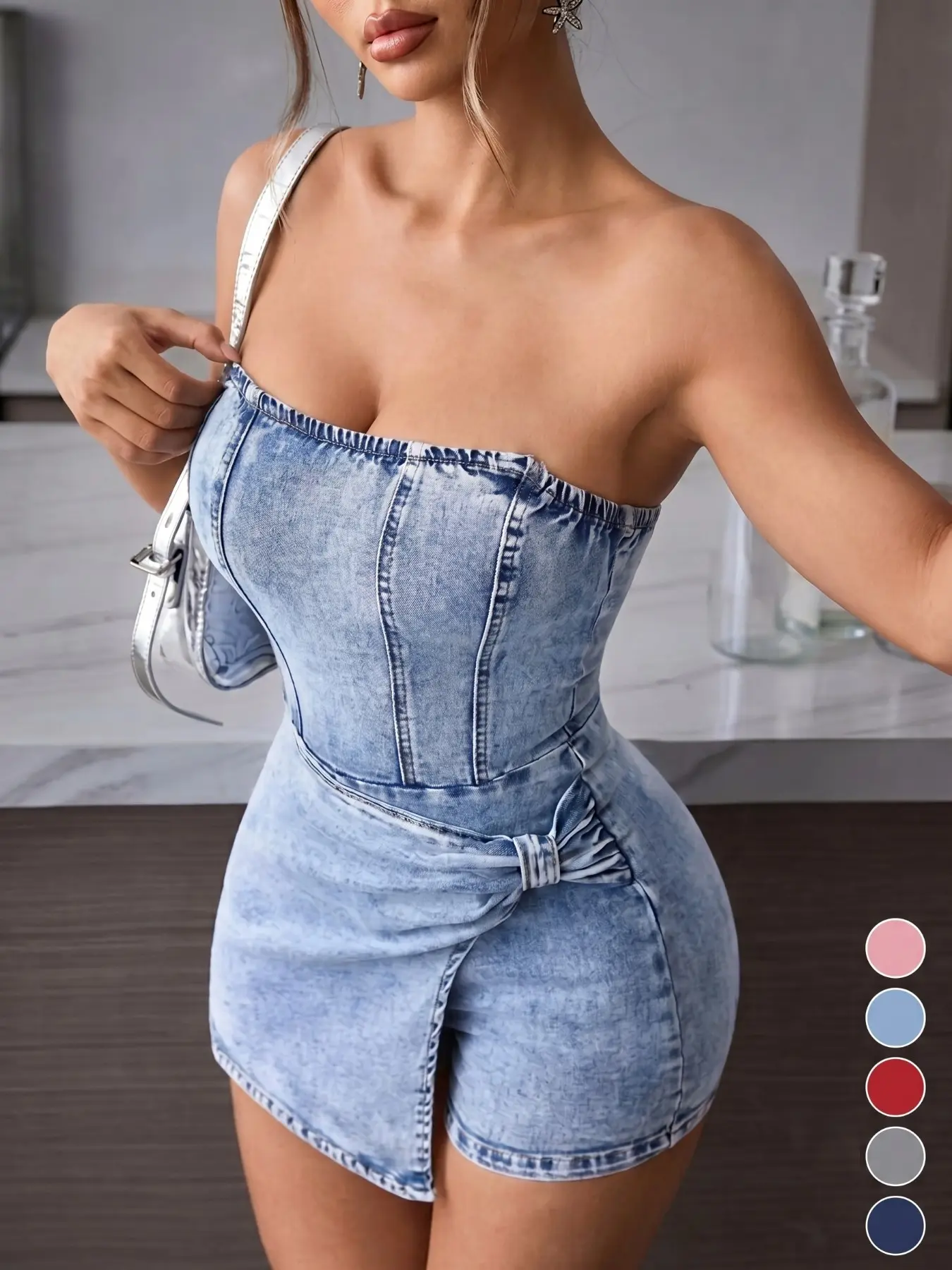 ✨ Women's Tube Top Denim Light Wash Short Beach Party Dress | Twisted Front Strapless Sleeveless Design, Summer Hot Girl Essential