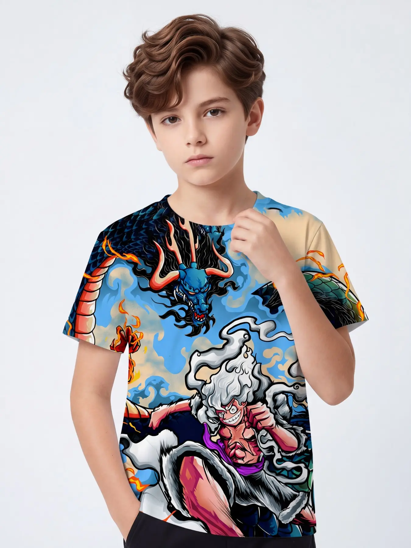 Authentic Licensed One Piece Sun God Nika Gear 5 Luffy Vs Kaido Azure Dragon Blue Sky Cloud 3D All Over Print Boys Short Sleeve T-Shirt, Graphic Printed Tees, Soft Breathable Anime Manga Graphic Tees For Boys 4-13 Years Old