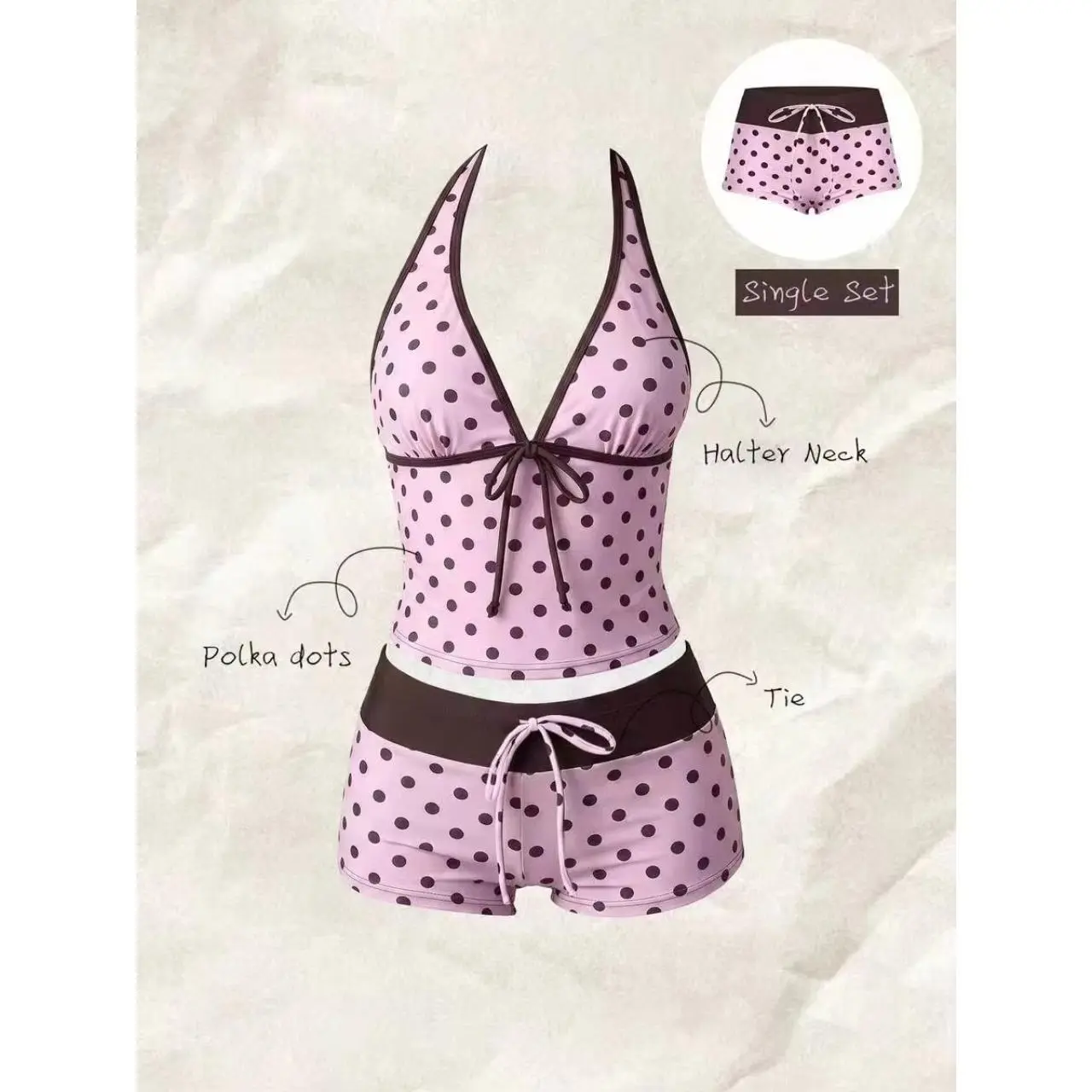 Women's 2026 Retro Yellow Polka Dot Color Block 2-Piece Halterback Triangle Bikini Set - Low Rise Bottom, Elastane, Stretch, Machine Wash, Beach Party Poolside Swimwear, Halterback Bikini Set, Bathing Suits, Swimsuit For Women