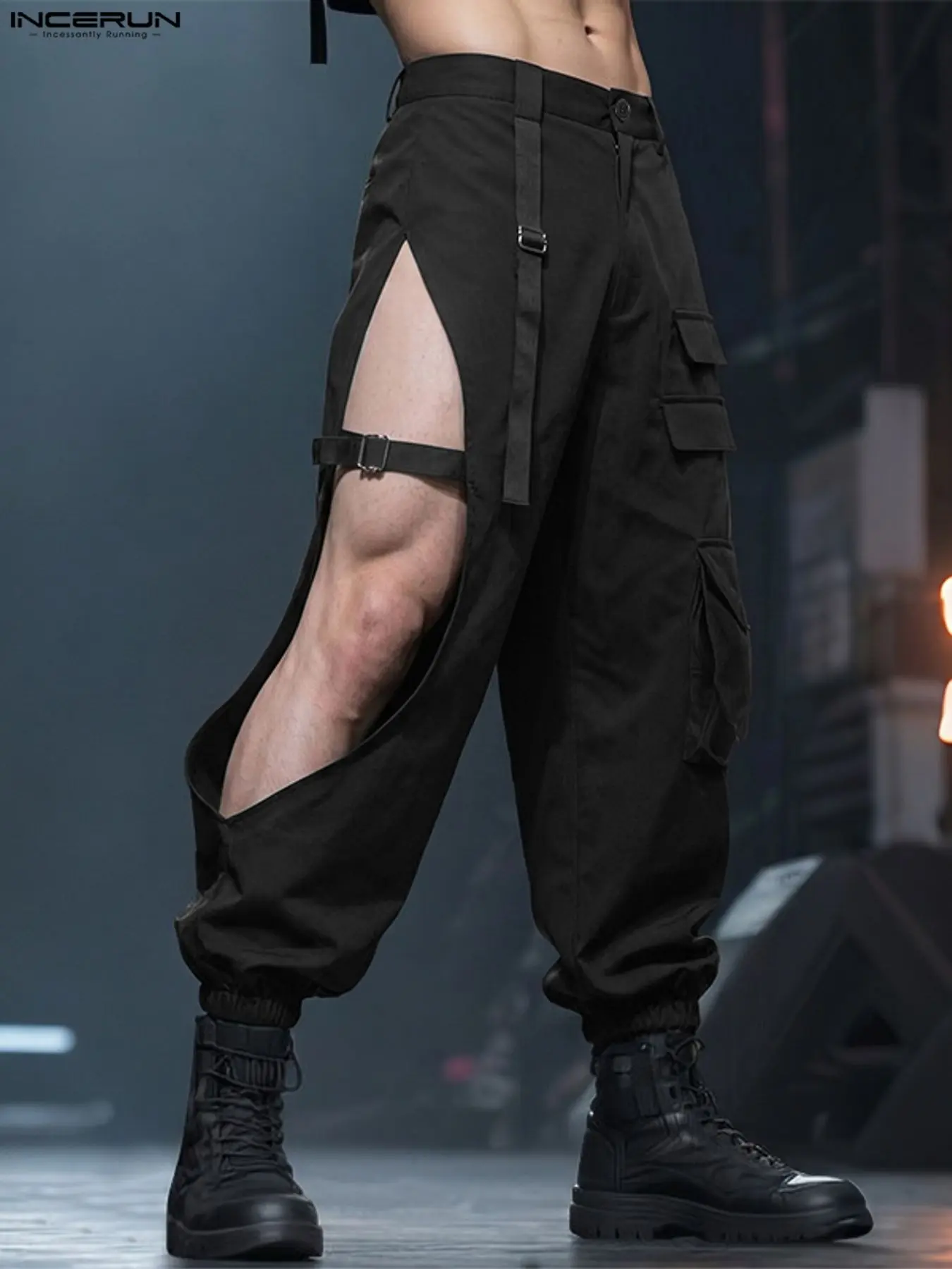INCERUN Men's Streetwear Menswear Deconstructed Hollow Out Metal Buckle Long Pants, Trendy Fashionable Aesthetic Design, Perfect for Casual Wear