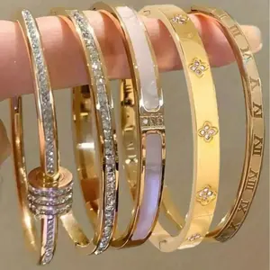 5 Pieces Stackable Stainless Steel Bangle Bracelet Set, Gold Silver Roman Numeral Shell CZ Inlaid Open Cuff Bangles Minimalist Layered Jewelry Gift for Women