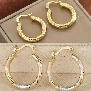 2 Pairs 14K Gold Plated Twisted Round Hoop Earrings, Minimalist Copper Earrings, Unisex Lightweight Jewelry for Daily Wear, Wedding Party & Birthday Gifts