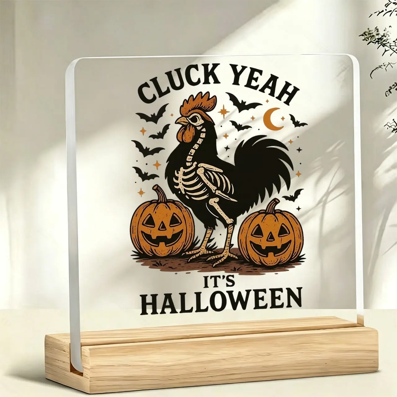 Funny Skull Rooster Halloween Acrylic Desk Ornament, Spooky Pumpkin Bat Desktop Decor, Perfect Holiday Gift, Home Shelf Decoration, Wooden Base Included