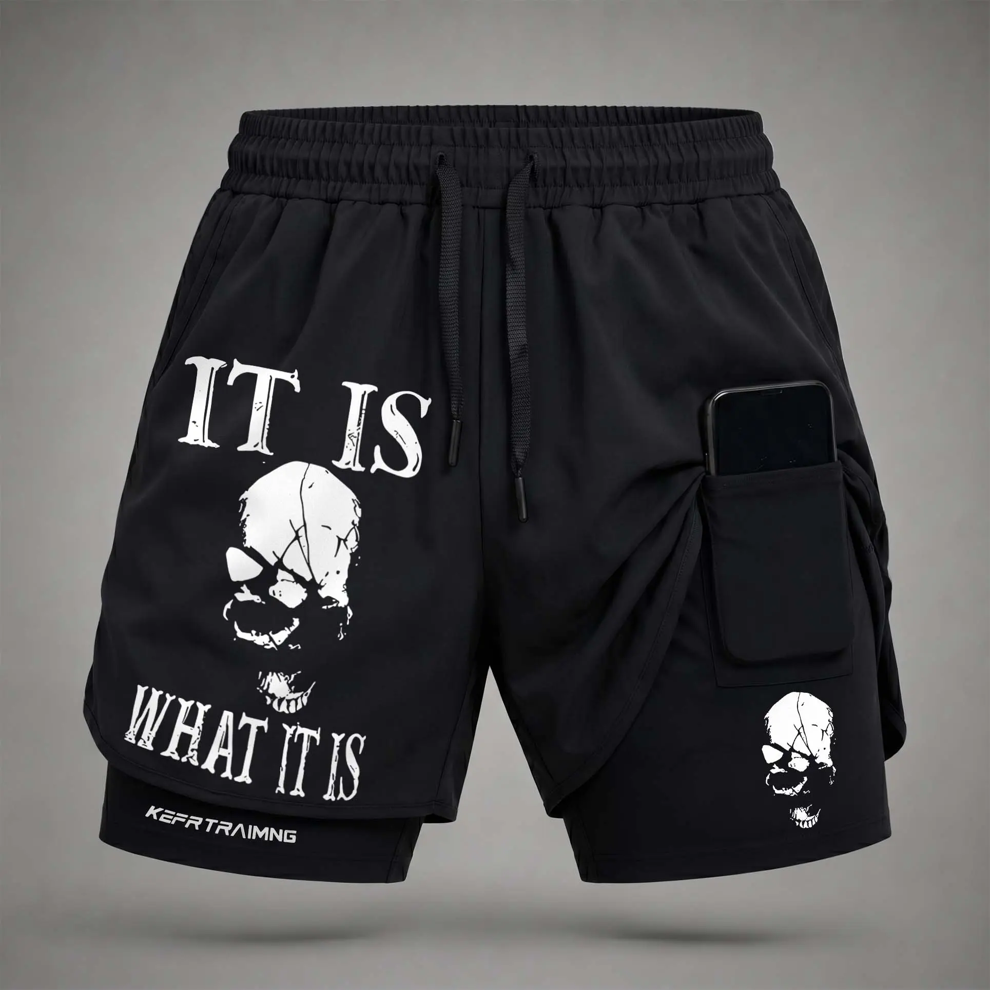 Men's 2-in-1 Skull Graphic Training Shorts for Gym Running, Regular Fit Polyester Blend with Compression Liner, Phone Pocket & Towel Loop, Machine Wash