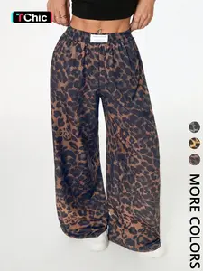 Women's Leopard Print Wide Leg Pants, High Waist Elastic Waist Loose Fit Oversized Baggy Street Style Long Pants, Fashionable Casual Wear