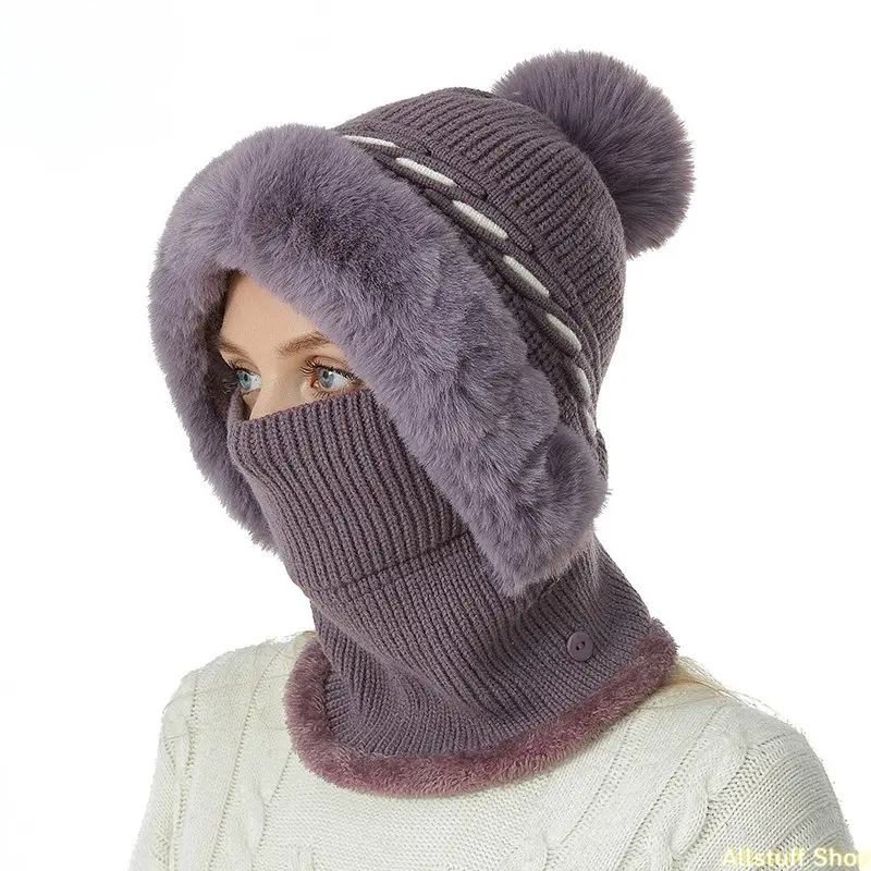 3-in-1 Sporty Sports Clothing Sets, Knitted Winter Hat with Ears, Scarf and Mask - Windproof Warm Hooded Neck Gaiter for Outdoor Cycling, Knit Fabric, Eared Hat