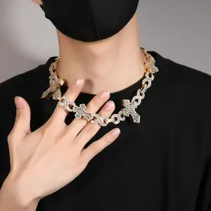 New 8-shaped infinity chain square cross full diamond necklace, men's personalised versatile high-end zircon necklace.Cross Evil Eye Infinity Charm Cuban Chain Bracelet Necklace Iced Out Gold Rhodium Plated Bling Jewelry Set for Men