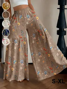 Women's French Country Ditsy Floral Print Wide-Leg Trousers, High-Waisted Flowing Pants, Summer Vacation Style, Comfortable Loose Fit with Pockets