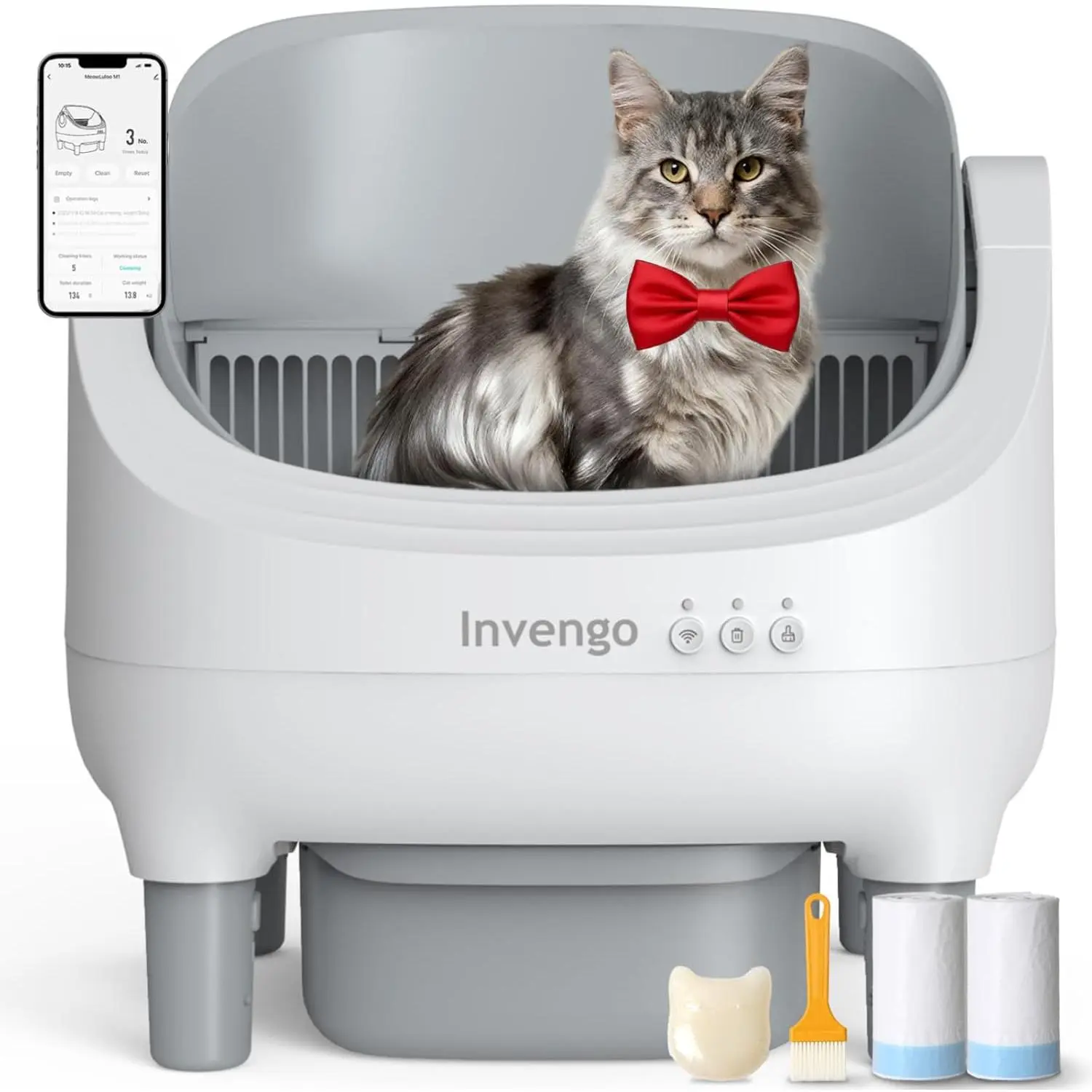 Automatic Cat Litter Box Self Cleaning, App Control, Open-Top Automatic Litter Box with Safety Sensors, Quiet, 10.5L Waste Bin with Odor Control, 2 Rolls of Garbage Bags long-lasting Deodorizer Box  odorless  large grass seed