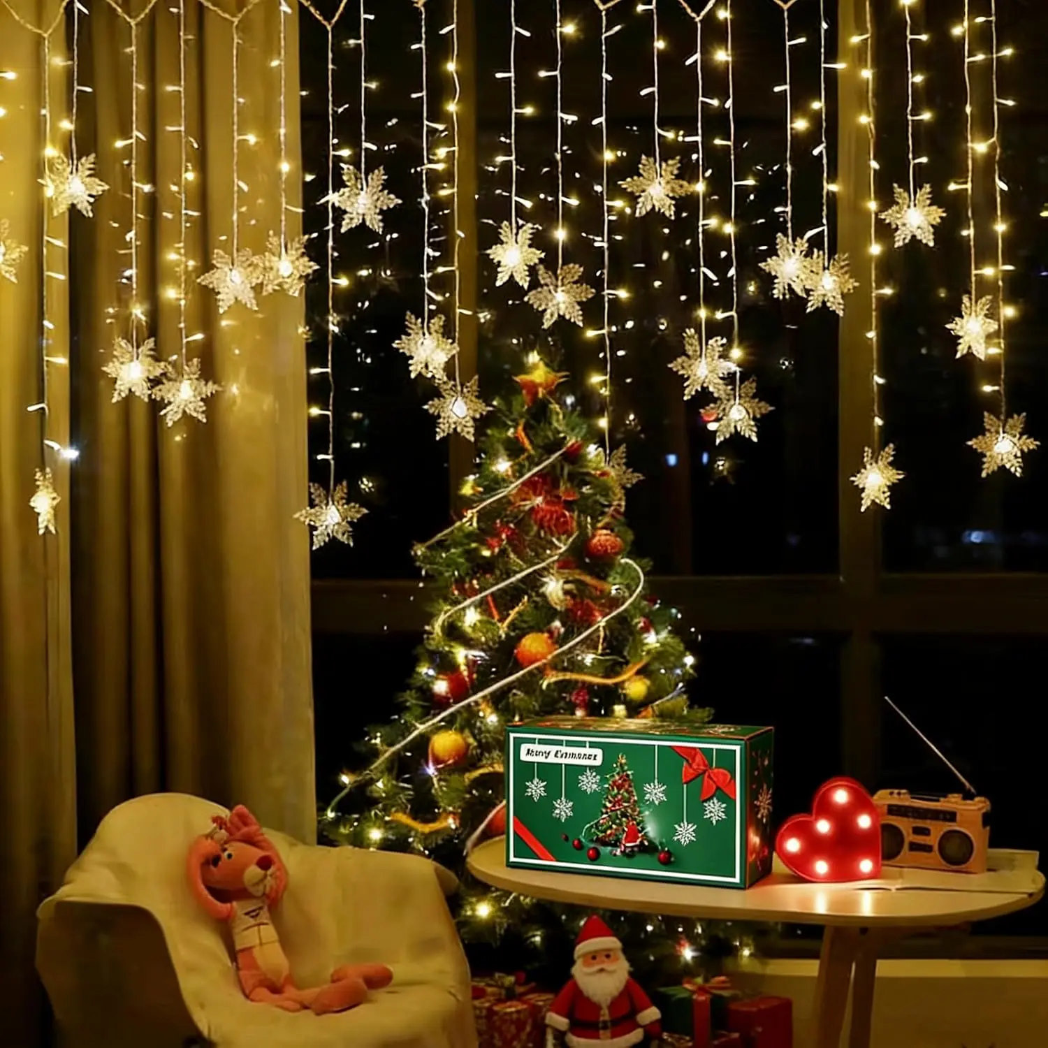 Snowflake LED Curtain Lights, Plug-in 19Ft/6M 96 LEDs Fairy String Lights | 8 Lighting Modes, Indoor & Outdoor , Ideal Decor for Christmas, Bedroom, Wedding and Holiday Parties (Warm White)