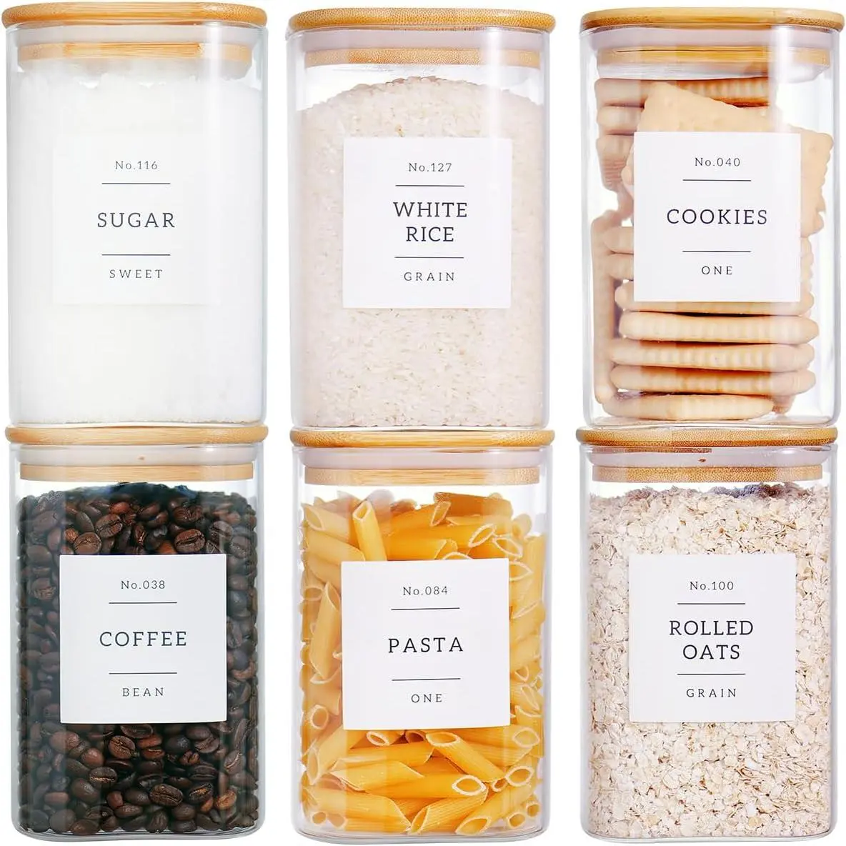 6-Pack Thick Wide Mouth Glass Kitchen Storage Jars with Airtight Bamboo Lids, Waterproof Tear-Resistant Pantry Labels (132 Pcs) - Home Organiser Containers for Coffee, Cookie, Tea