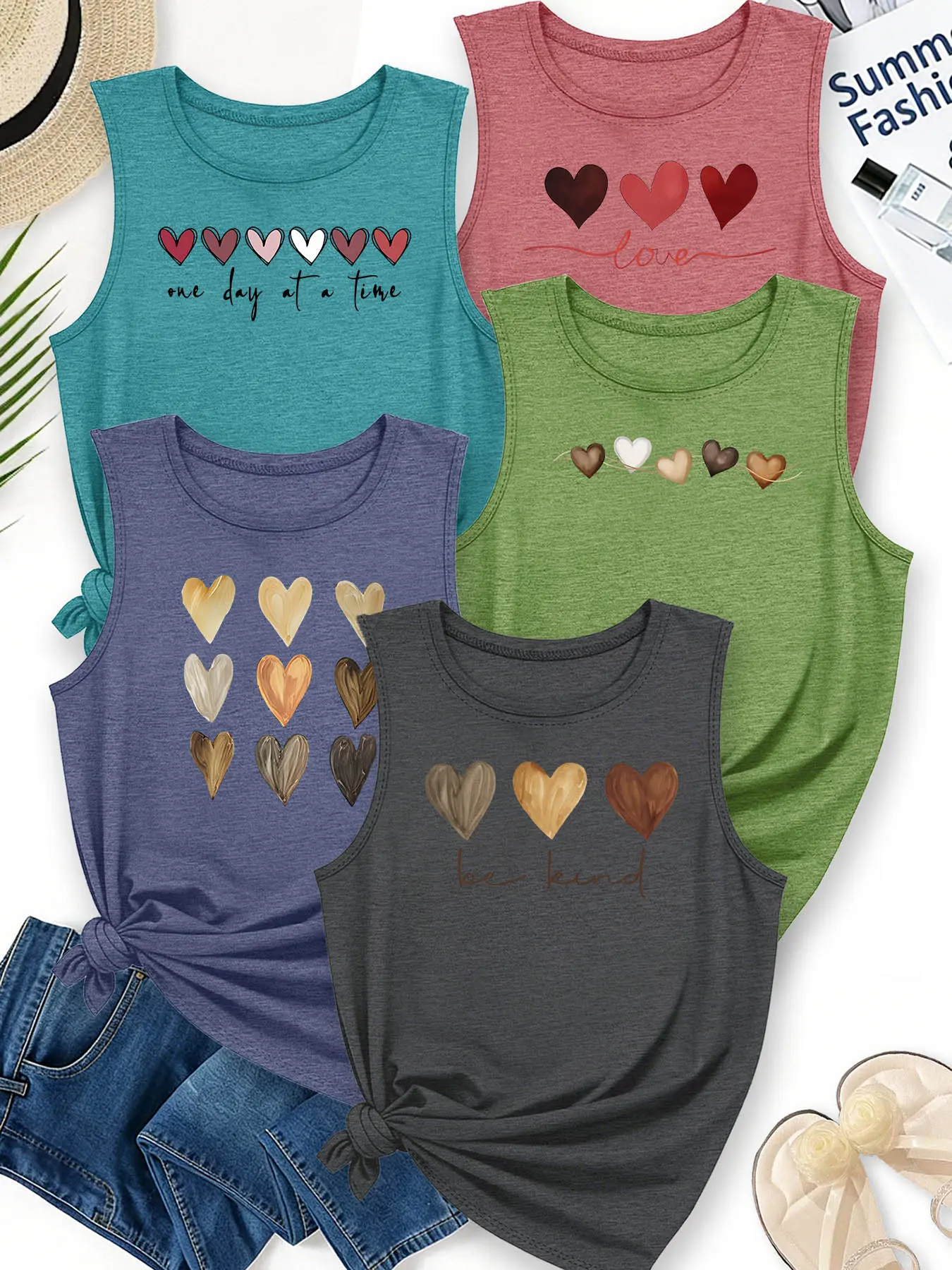 5PCS Women's Crew Neck Sleeveless Knit Tank Tops, Gradient Heart Print, multi-color, washable, soft elegant summer top