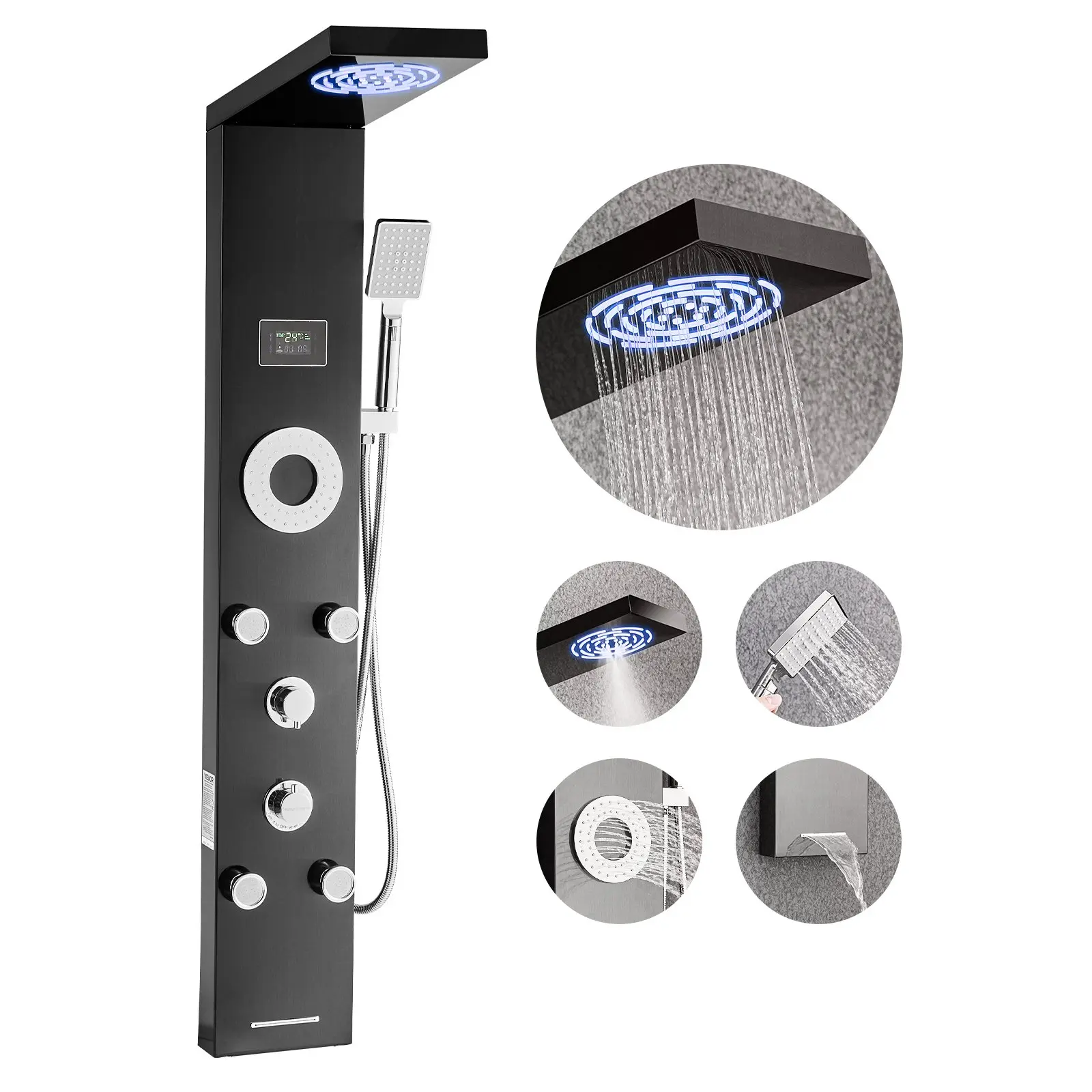 VEVOR Shower Panel Tower System with Rainfall Shower Head, LED, 53 in Brushed Stainless Steel Shower Column, 6-Function Faucet, Wall-Mount Rain Massage System with 5 Body Jets, Handheld, Tub Spout