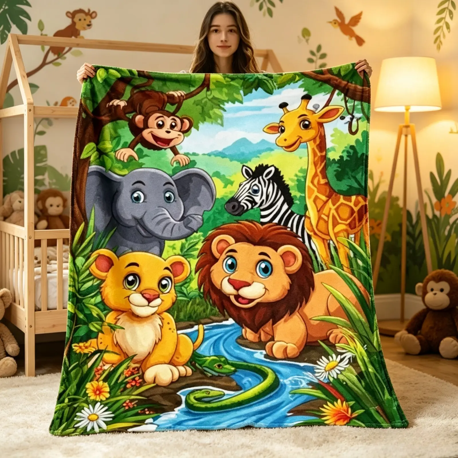 Jungle Safari Animals Flannel Throw Blanket Cute Lion Giraffe Elephant Monkey Print Soft Cozy Fleece Blanket Baby Toddler Kids Nursery Decor Blanket Personalized Name Gift Birthday Christmas Baby Shower Animal Lovers Gift