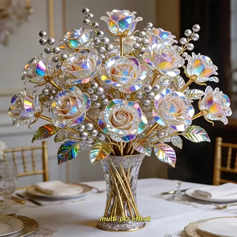 25pcs Artificial Crystal Preserved Roses with Silver Color Berry Branches, Elegant Home Decor, Wedding Gift, Mother's Day Decoration