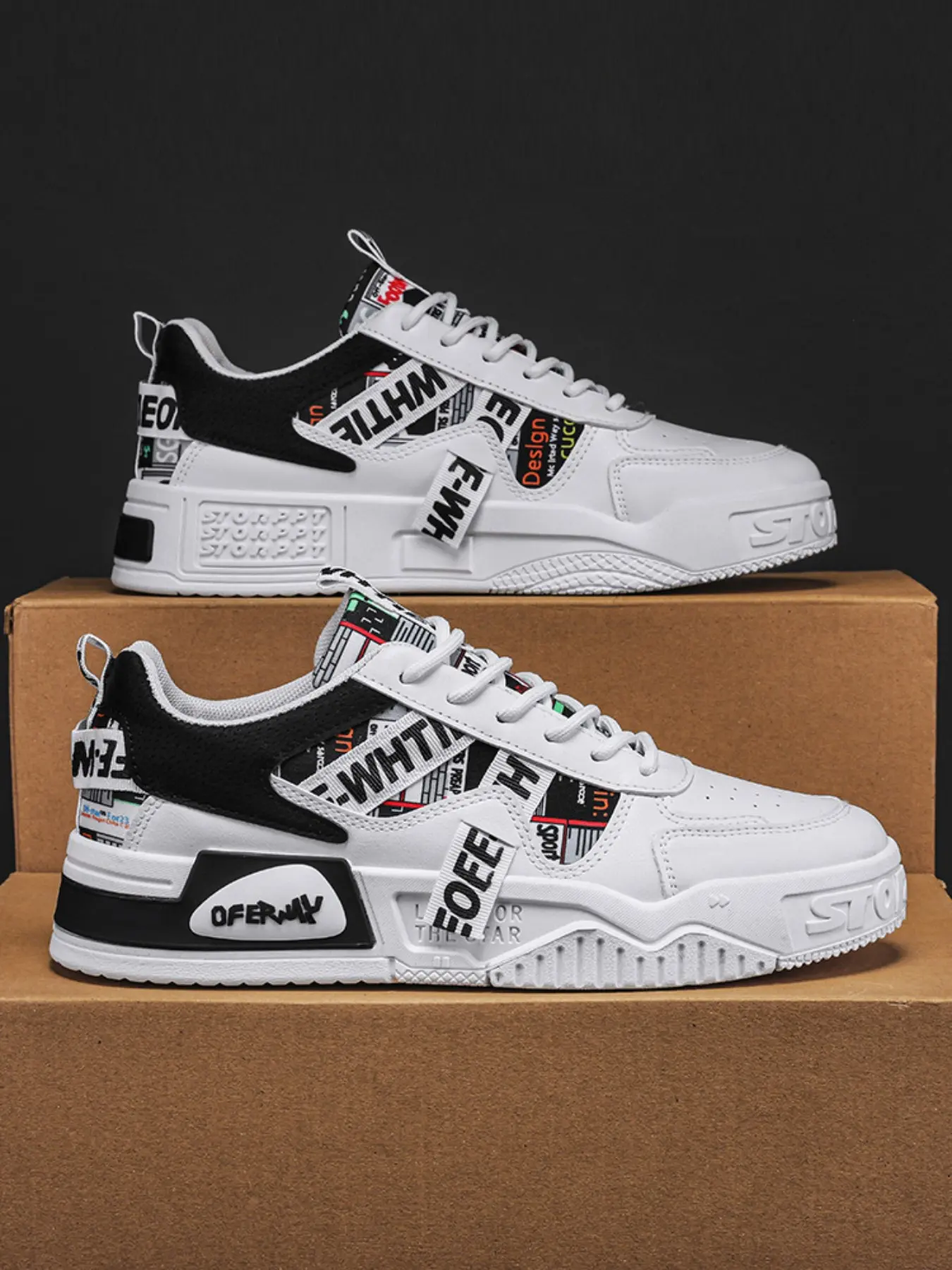 2026 New Men's Patchwork Graffiti Letter Webbing Platform Skate Shoes, Street Style Thick Sole Low-Top Lace-Up Sports Sneakers, 2 Colors Available, Thick Sole Casual Daily Walking Shoes, Hip-Hop Street Style Fashion Casual Skateboarding Shoes