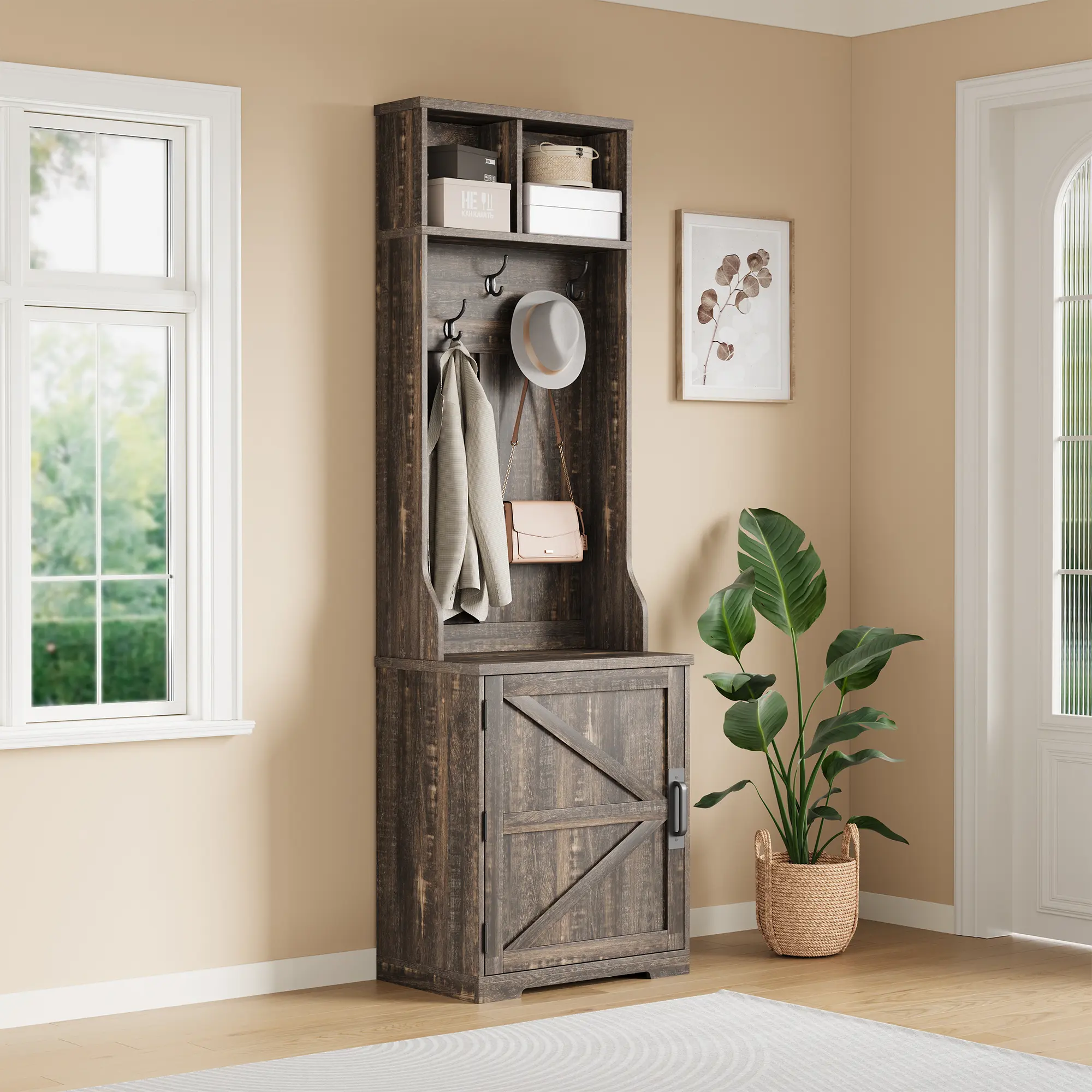 77" Freestanding Entryway Hall Tree with Shoe Storage, Space-Saving Coat Rack Featuring 5 Hooks, 2 Open Cubbies and Shoe Cabinet for Hallway, Living Room and Mudroom