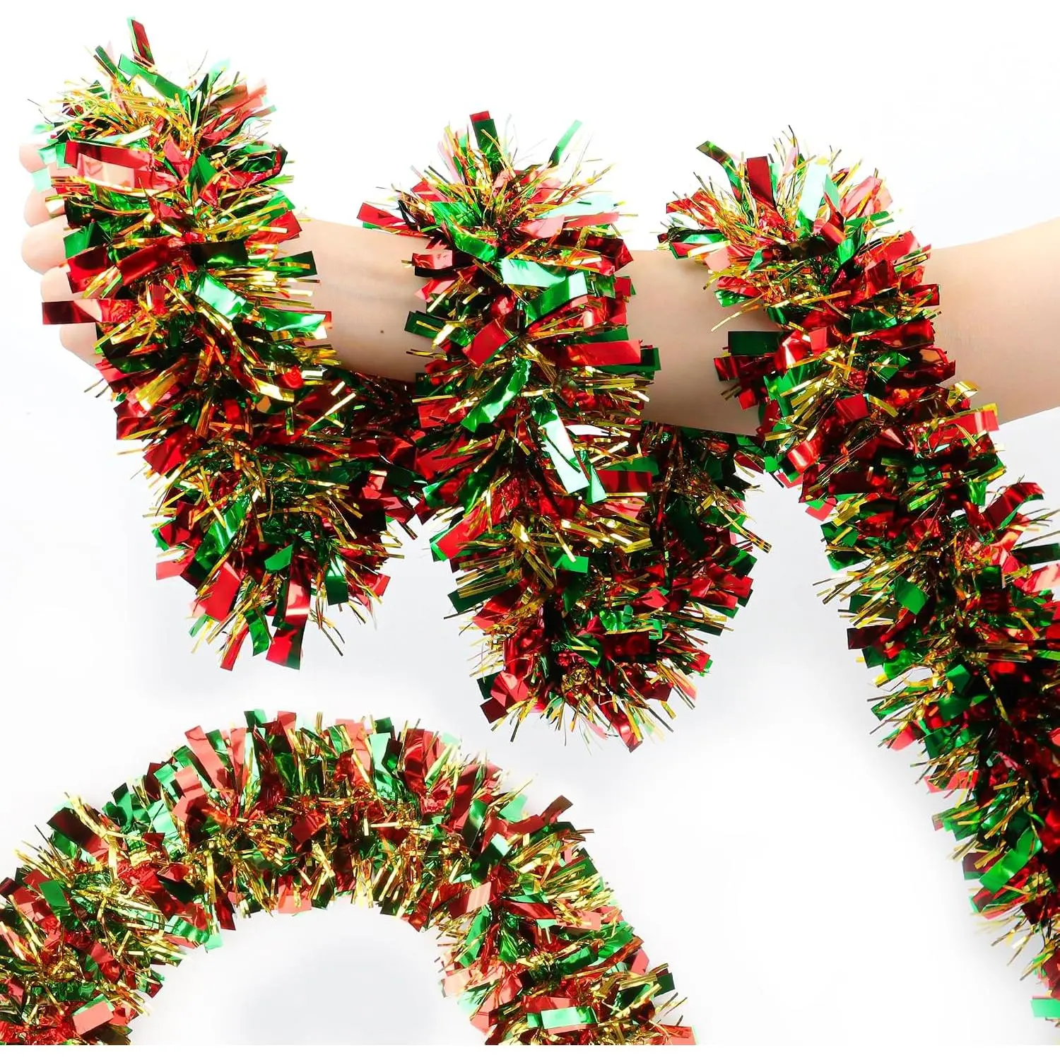50FT Red Green  Christmas Tinsel Metallic Twist Shiny Garland for Christmas Tree Decorations, Xmas Holiday  for  Mantle Stair Indoor Outdoor Party Supplies Decor