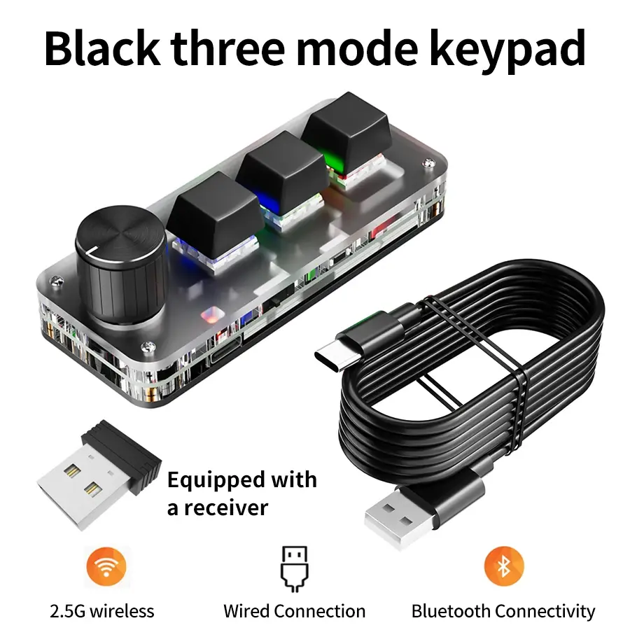 Mini Mechanical Gaming Keyboard - 2.4G/BT Connectivity, 3-Key Customization, Macro Knob, Copy-Paste Shortcuts, Red Switches, USB Port, Smooth Performance for E-Sports & Music (Keyboard for Gaming)
