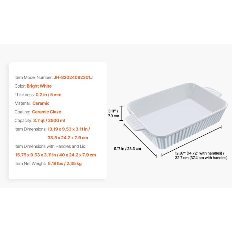 VEVOR Ceramic Baking Dish, Large 9x 13 Pan, Rectangular Bakeware with Double Handles, Oven Secure, Lasagna Pan, Casserole Dish Deep for Baking and Serving, Thanksgiving Christmas Present, White