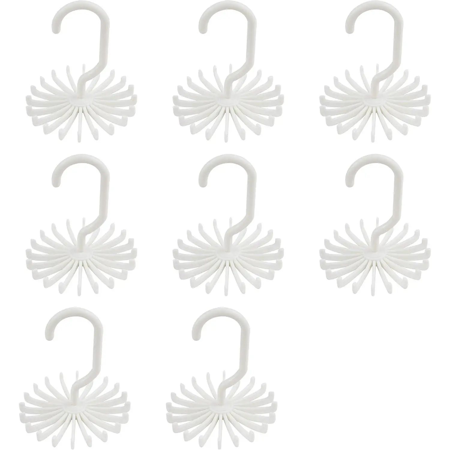 Modern 360-Rotates Scarf Holder Organiser - 8 Pack Plastic Scarf Hanger with 20 Hooks & Twirl Ties, Travel-Friendly Home Organizer for Bedroom Supplies (White)