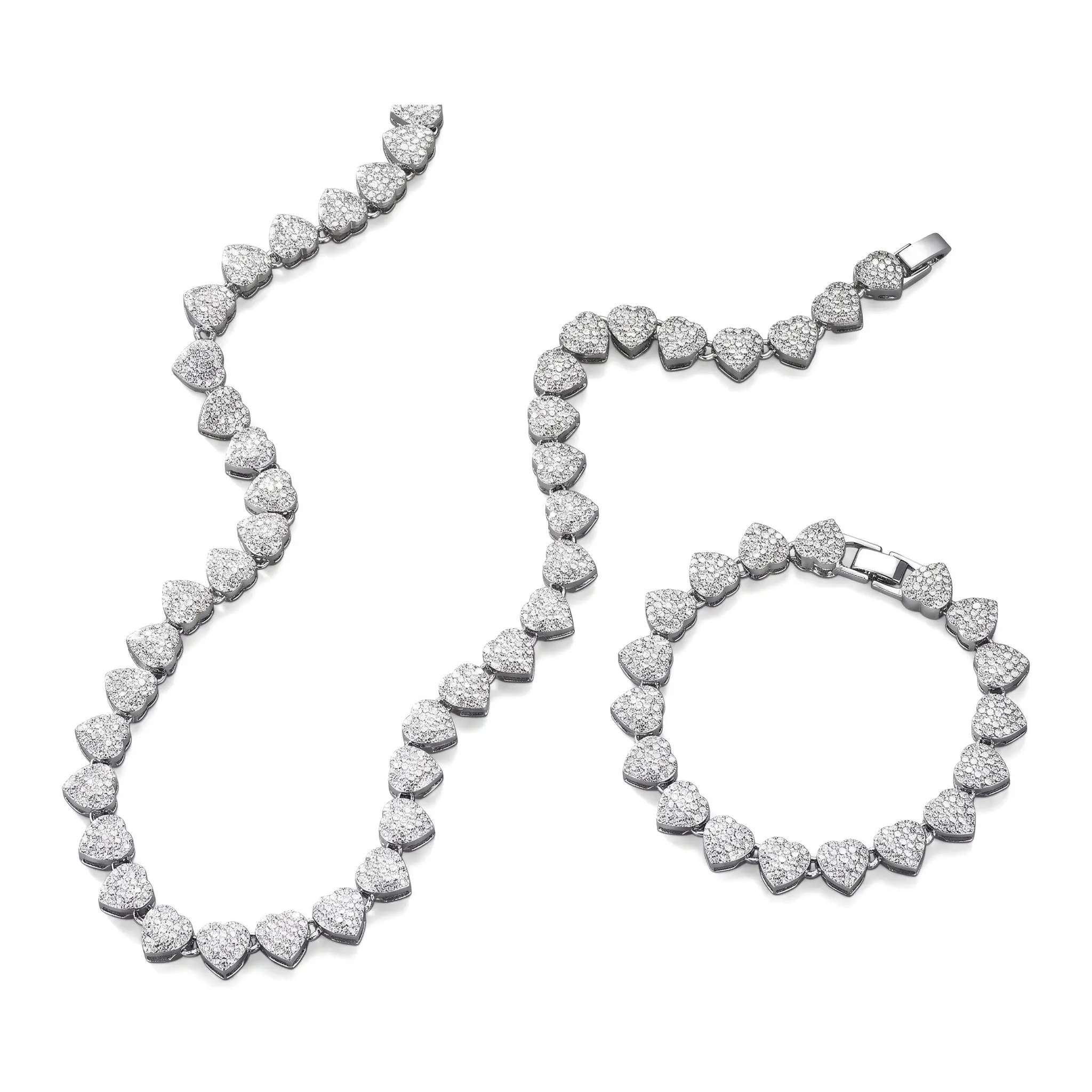 Women's 2-Piece Jewelry Set, Hip Hop Heart Cuban Link Chain with Rhinestones, Casual Necklace and Bracelet for Girl