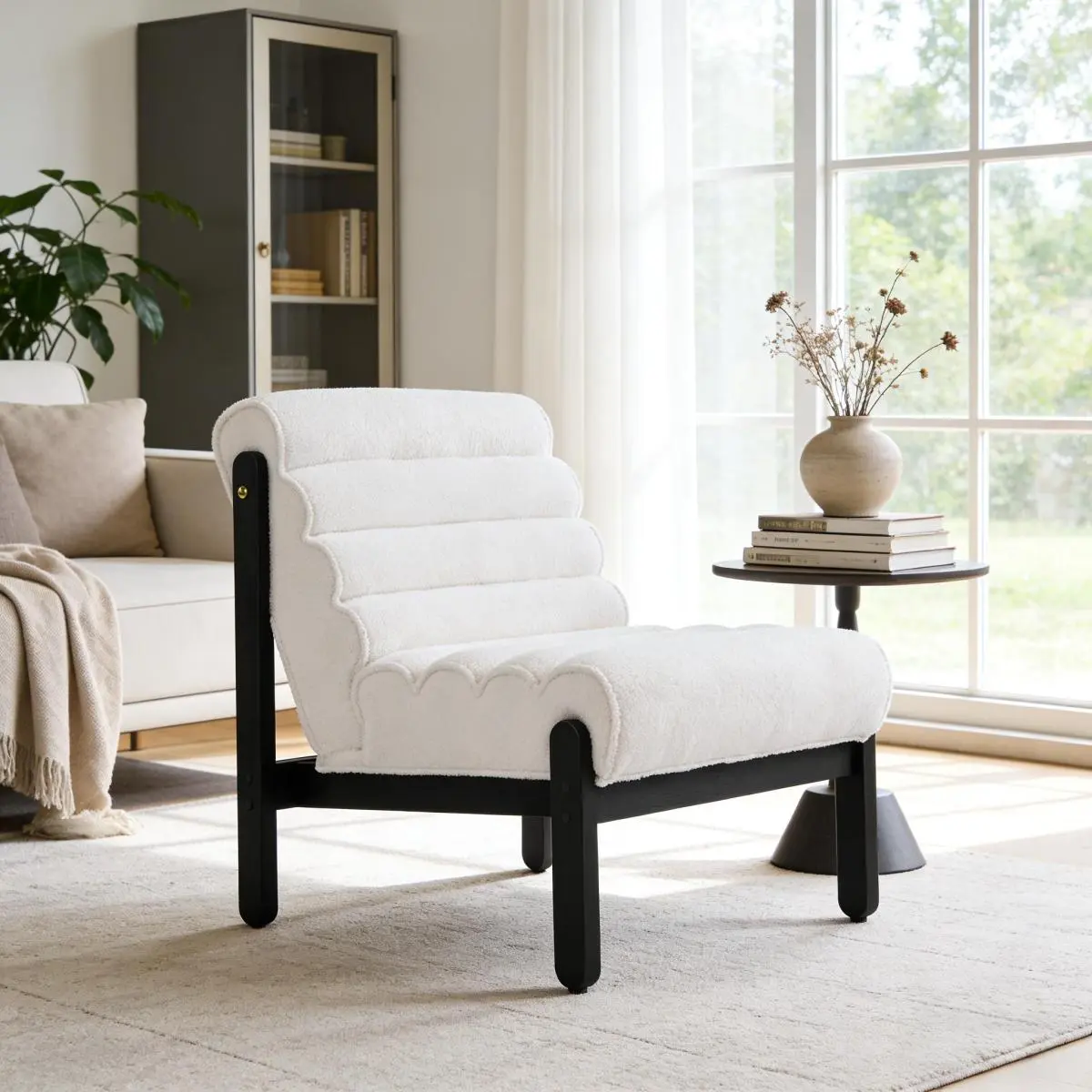 [Bellemave] Fluffy Accent Chair with Solid Wood Frame, Modern Shearling Armless Lounge Chair for Living Room, Bedroom