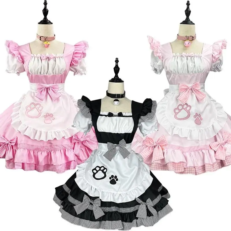 S-5XL Black Pink Cute Lolita Sexy Cat Maid Outfit Apron Dress Bell Choker Anime Cosplay Costume Women Coffee Waitress Uniform