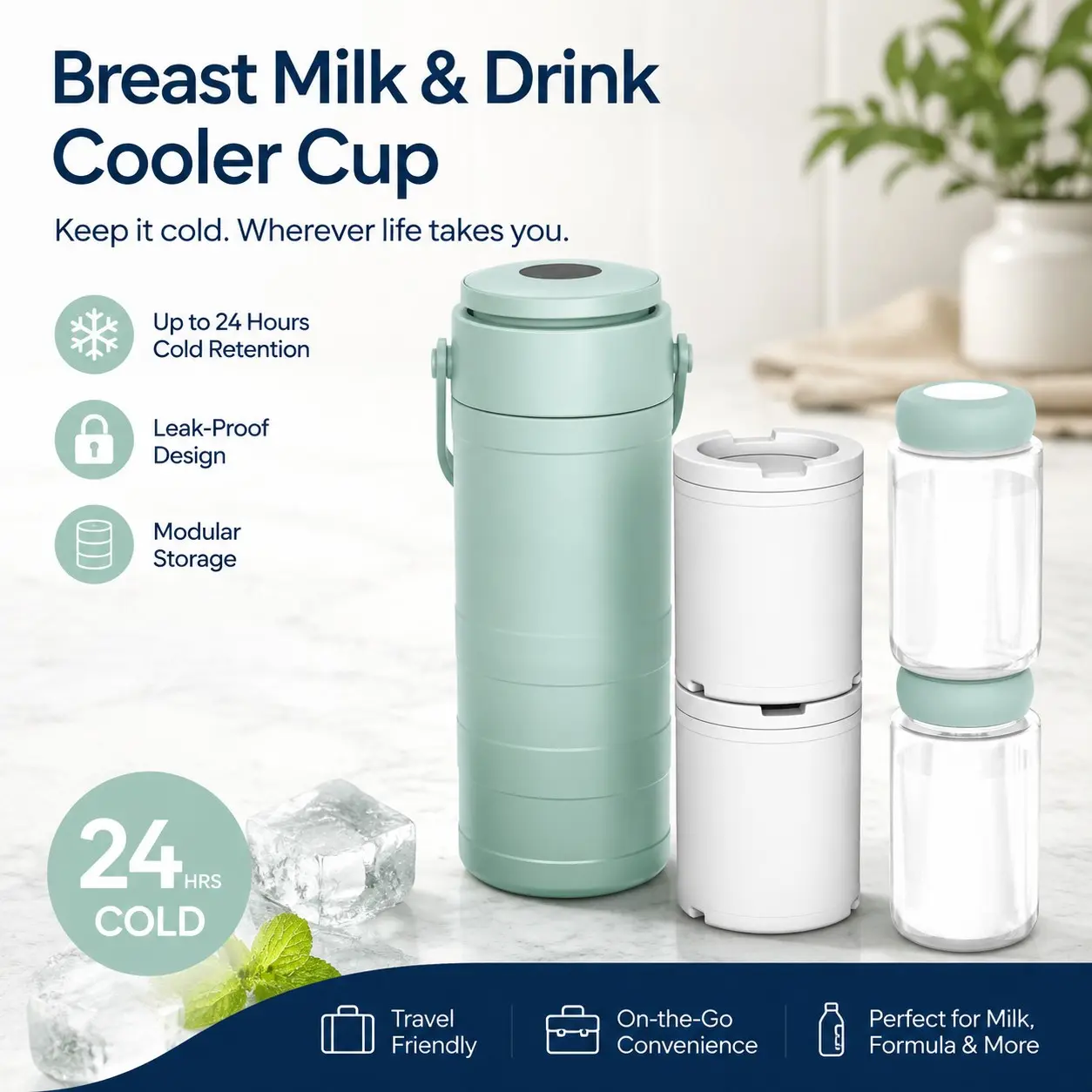 22oz Portable Breast Milk Cooler, Outdoor Use, 360° Cooling Up to 24 Hours, Large Capacity Travel Breast Milk Cooler, Includes 2 Baby Bottles
