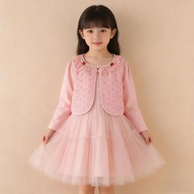 Girls' Lace Trim Patchwork Open Front Cardigan, Spring/Summer/Autumn Lightweight Knitted Shawl sun protection clothing, Sweet Floral Collar Versatile Vest Jacket