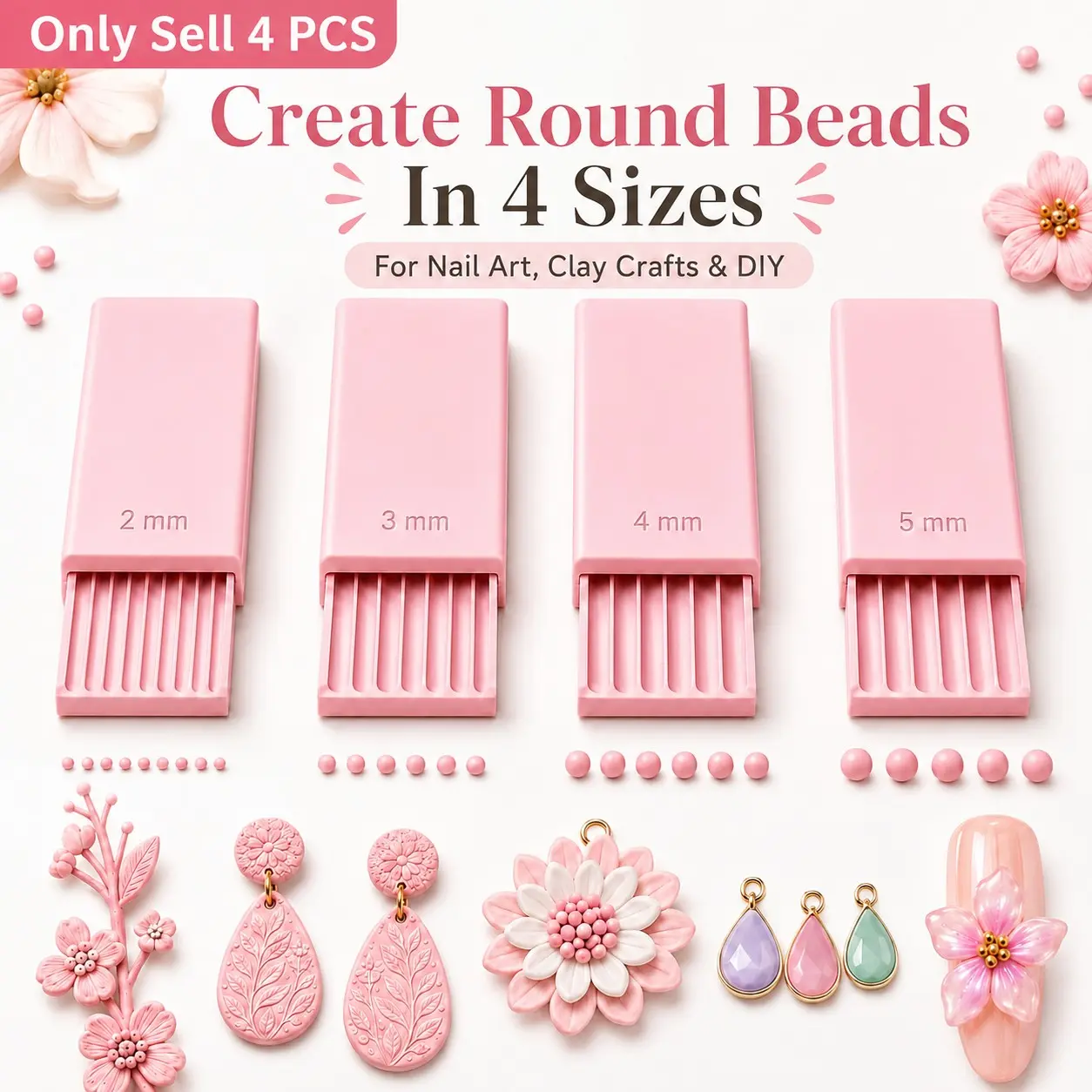 4PCS 3D Print Clay Gel Ball Maker Tool, Nail Art Bead Roller for 3D Gel Flowers, Bead Roller for 2mm 3mm 4mm 5mm Round Beads, Sphere Shaper for Nail Art, Polymer Clay, Earrings, Jewelry Making and DIY Crafts