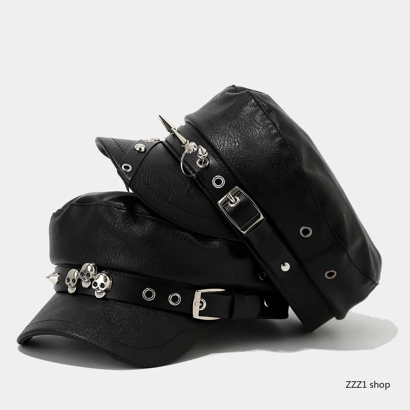 Women's PU Leather Fiddler Cap, Goth Punk Military Style with Skull & Spike Rivets - Festival & Party Wear, Festival Wear, Military Look, Skull Spikes, Accessories For Women, Hats For Women