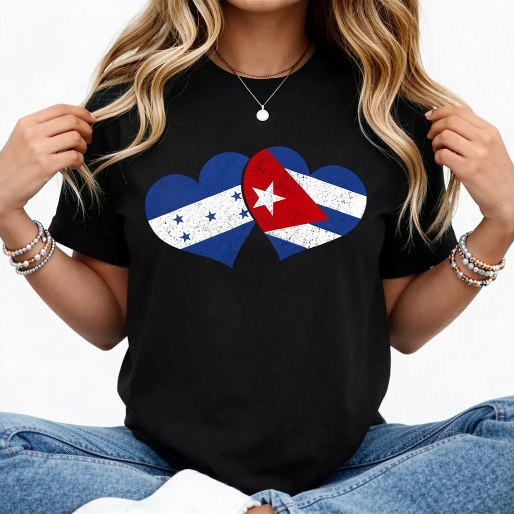 100% Cotton Honduras Cuba Hearts Cuban Honduran Flag Pride Heritage T-Shirt