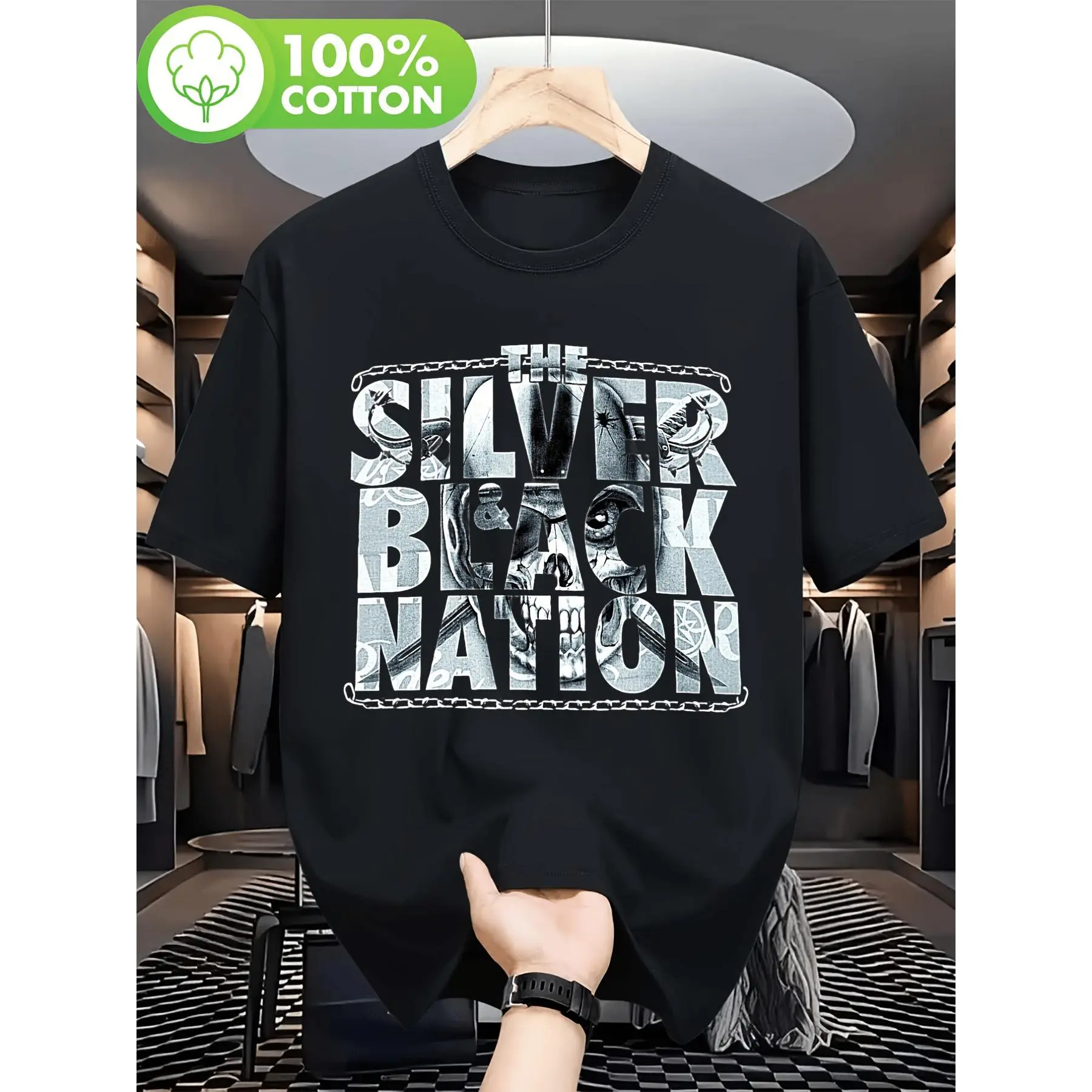 Men'S Trend Aesthetic Loose Standard Fit Printed New Men'S Medium Raiders Tee in Siery Black, Made of 100% Comfortable Skin Friendly Casual Daily Outfit T Shirts A Must-Have Item for Your Summer Wardrobe, Versatile And Perfect for Gifting