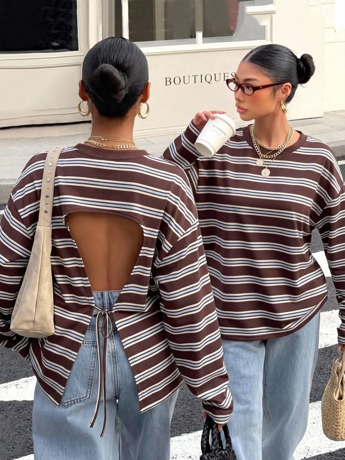 Striped Open Back Tie Long Sleeve Oversized T-Shirt, Crew Neck Cut Out Back, Casual Streetwear Top for Men