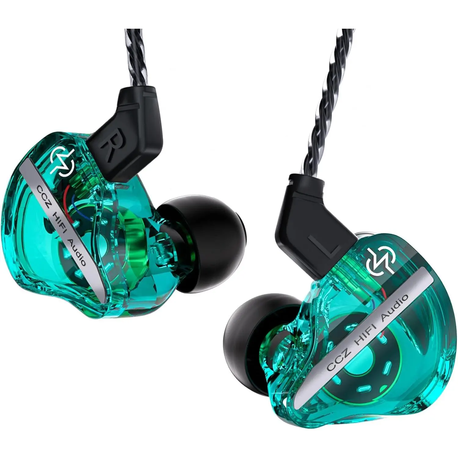 CCZ DC01 Pro Ear Monitor, iems for Gaming, Professional Gaming Earbuds Super Bass Wired Earphones Headphones with 1DD, Patent Ear fins, Ear tips, for Singers Musicians Podcaster (Cyan without mic)