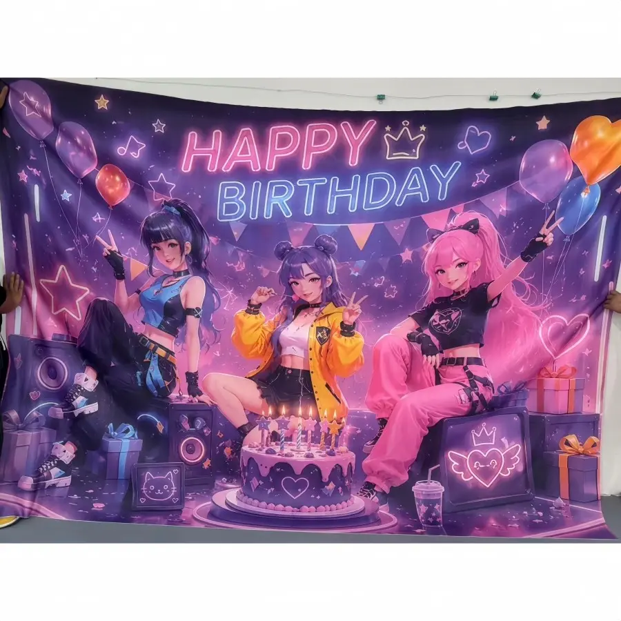 KPOP girl birthday background banner, Happy birthday banner, rainbow balloon cake gift elements, polyester material, suitable for birthdays, anniversaries, home decor, outdoor and indoor parties, photography backdrops, birthday party supplies